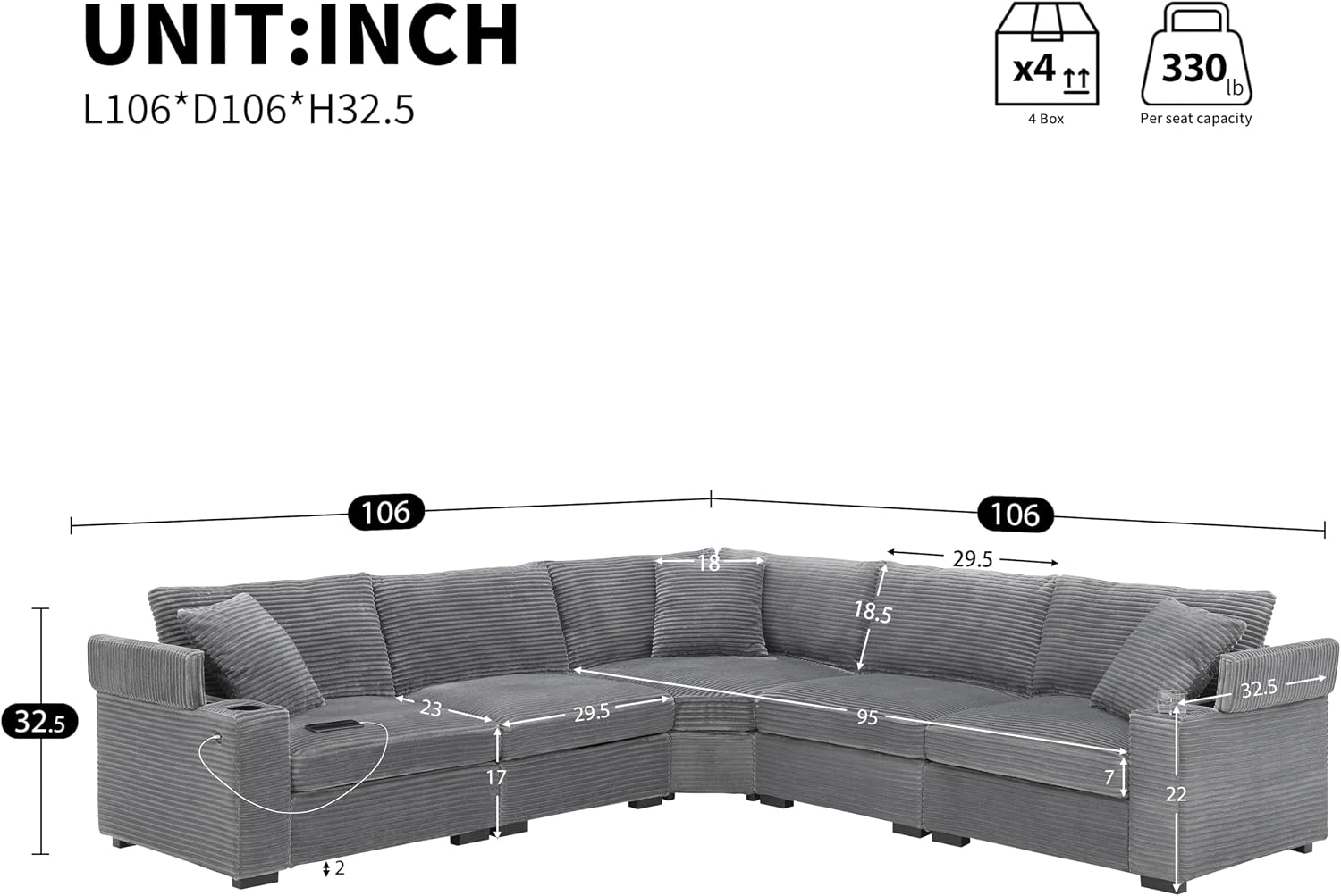 Merax 106' Corduroy Sectional Corner Sofa with Cup Holders & USB Charger, 5 Seat Convertible L Shaped Couch Set with Armrest Storage, Oversized Comfy Modular Sofabed for Living Room & Apartment, Gray