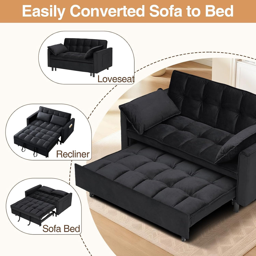 CAPCAEK 3 in 1 Convertible Sleeper Sofa Bed, Modern Velvet Loveseat Pull-Out Couch w/Pullout Bed, Small Love Seat Lounge Sofa w/Reclining Backrest,Toss Pillows, Pockets, for Living Room(Black, 55.1)