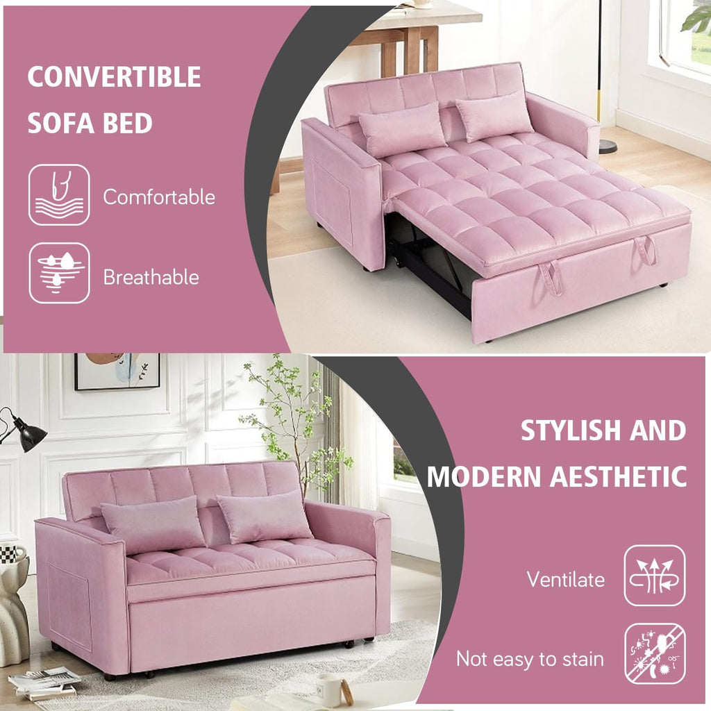 3 in 1 Convertible Sleeper Sofa Bed, 54'' Full Size Velvet Pull Out Futon Couch Recliner with Reclining Backrest & 2 Pillows, Small Loveseat Lounge Couches for Small Spaces (Pink)