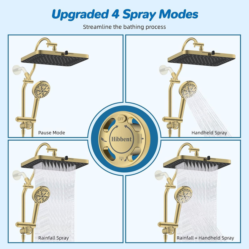 Hibbent cUPC Certified 13'' Shower Head Combo, High Pressure 5 Spray Rainfall Showerhead, 10 Spray Handheld, All Metal Easy Reach 4-way Diverter Arm with Pause Mode, 71'' Hose and Holder, Brushed Gold