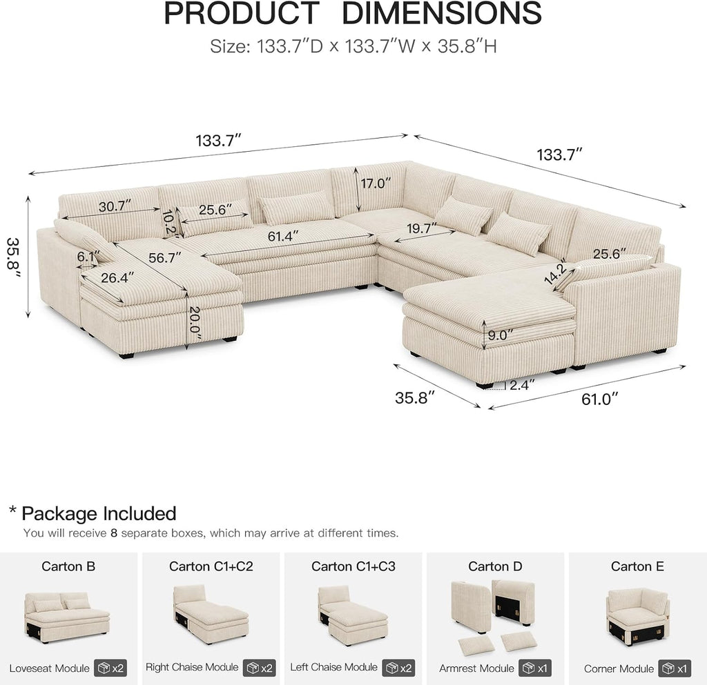 Belffin Large Modular Sectional Sofa with Double Deep Chaise and Loveseat, Corduroy U Shape Couch with 9' Soft Dual-Layer 9 Seats Cushion for Living Room, Apartment, Beige