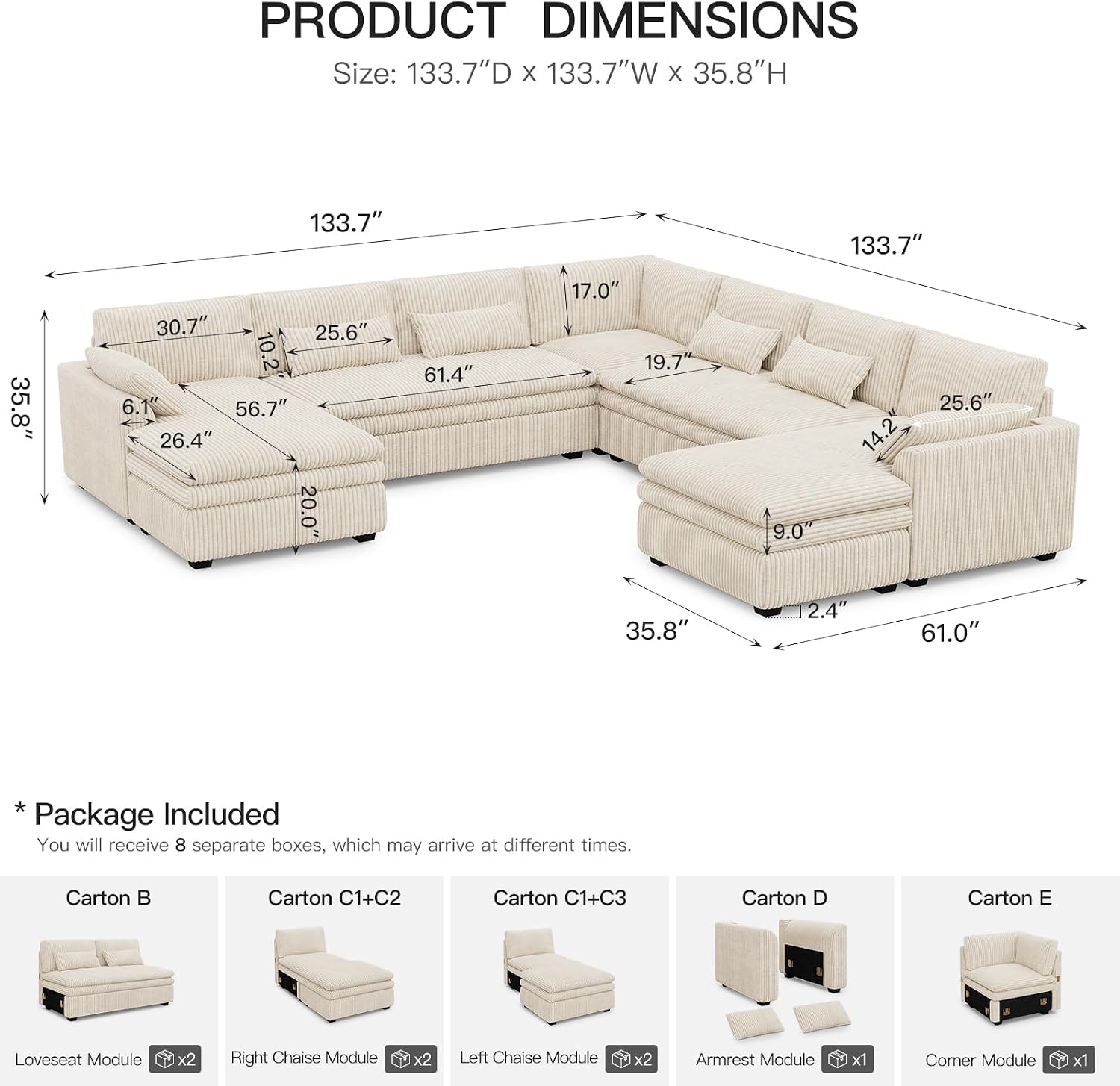 Belffin Large Modular Sectional Sofa with Double Deep Chaise and Loveseat, Corduroy U Shape Couch with 9' Soft Dual-Layer 9 Seats Cushion for Living Room, Apartment, Beige