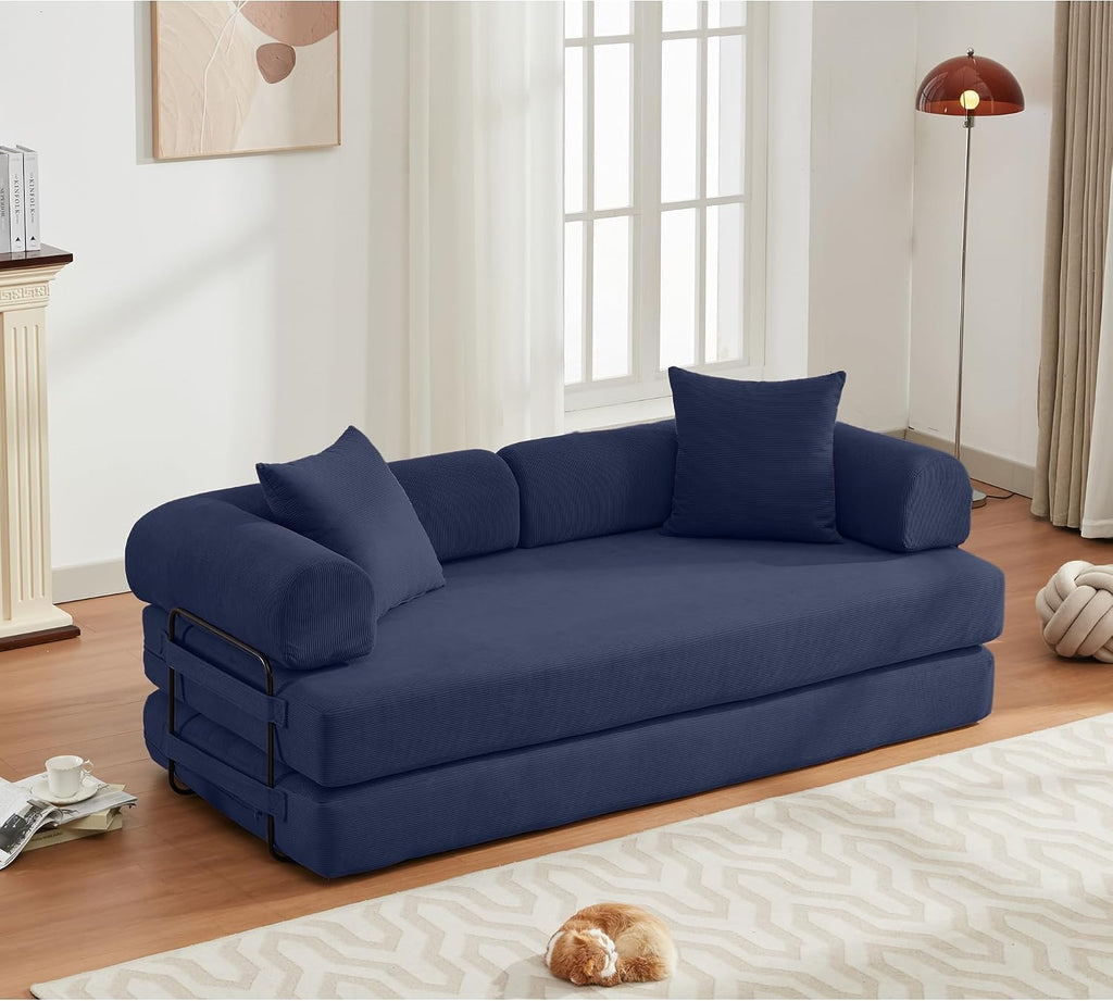 ZEIINPA Convertible Sleeper Sofa Bed with Cylindrical Pillow, Corduroy Folding Boneless Couch with Fixed-Shape Frame, Floor Sofa Lounge Couch for Living Room Bedroom Lounge Studio-Blue