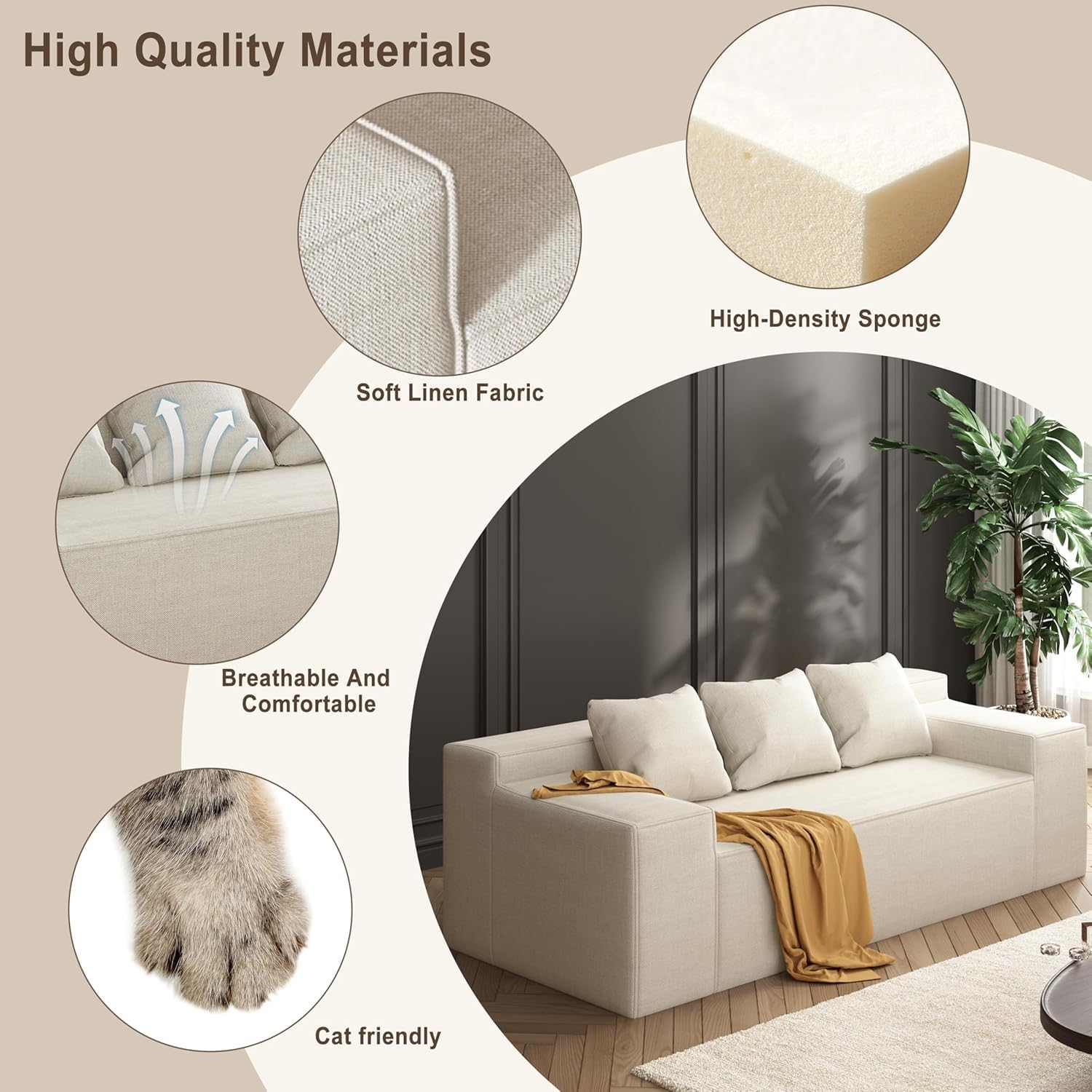 PurrJoys Modular Sectional Sofa, 3 Seater 105' Deep Seat Corduroy Lounge Sofa with Movable Cushions, Modular Couch for Small Spaces, Living Room, Bedroom, Apartment, Office - Beige