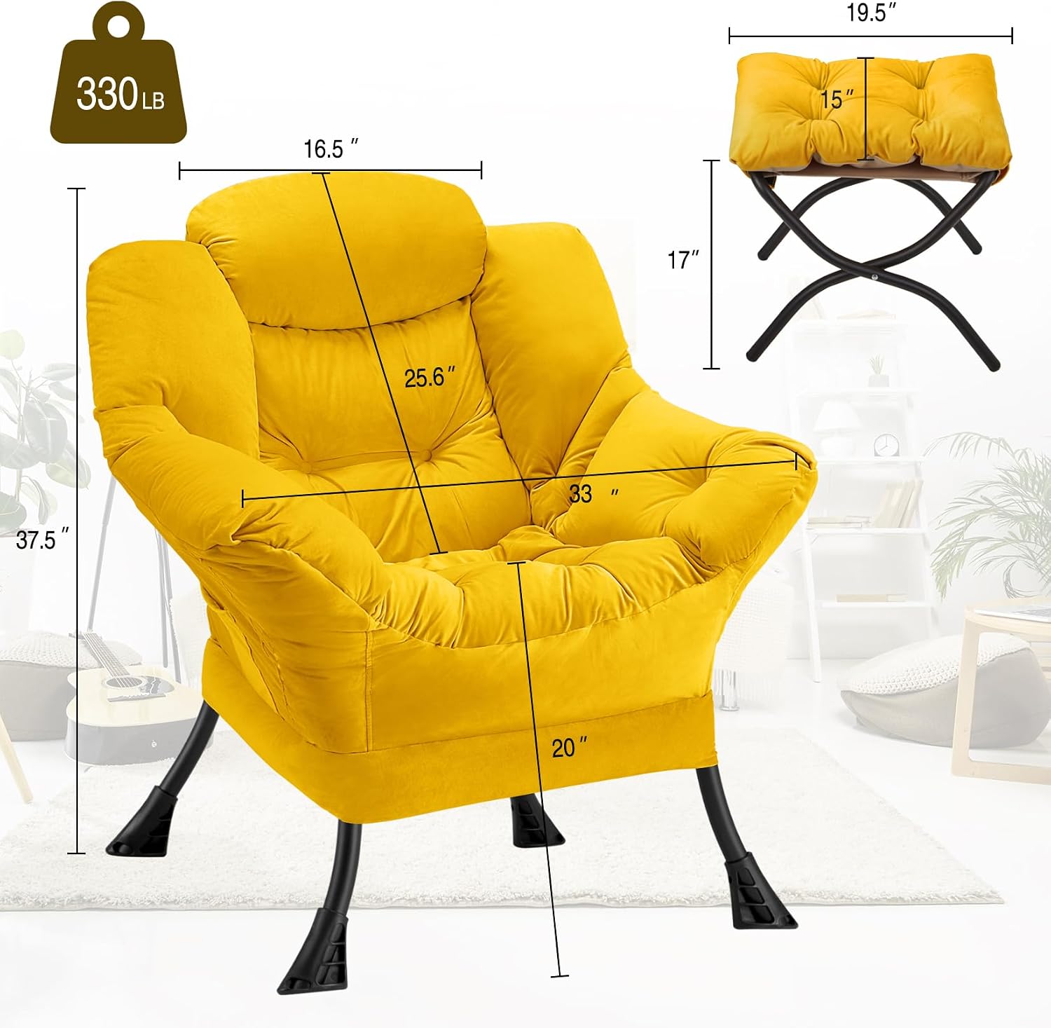 Lazy Chair with Folding Ottoman Modern Large Accent Chair,Contemporary Lounge Leisure Sofa Chair with Armrests Upholstered Sofa Armchair Reading Chair for Bedroom,Dorm & Office (Yellow-f)
