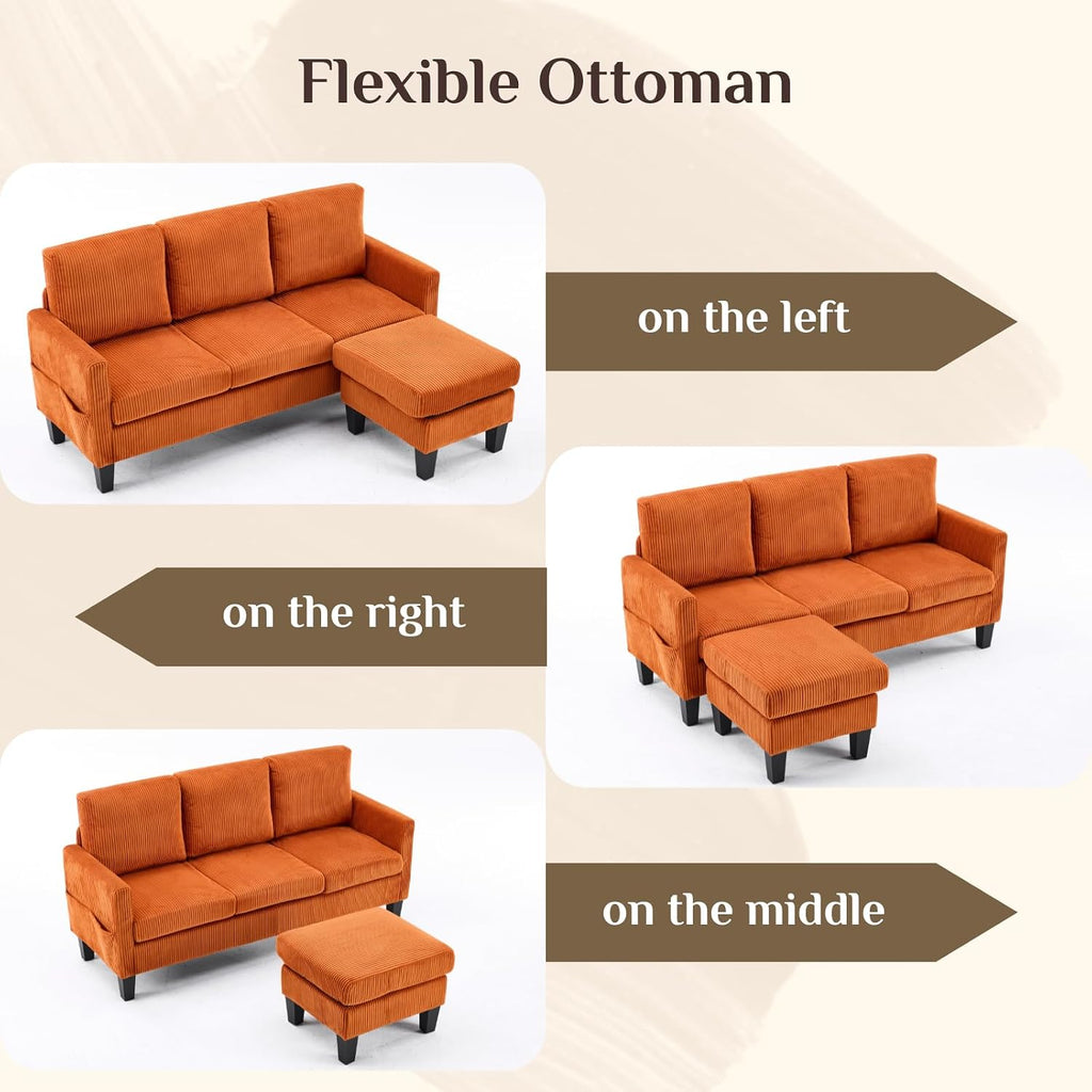 Karl home Small Sectional Couch L Shaped Sofa with Movable Storage Ottoman Corduroy Upholostered Sofa Chaise with Side Pockets for Living Room, Apartment, Studio, Orange
