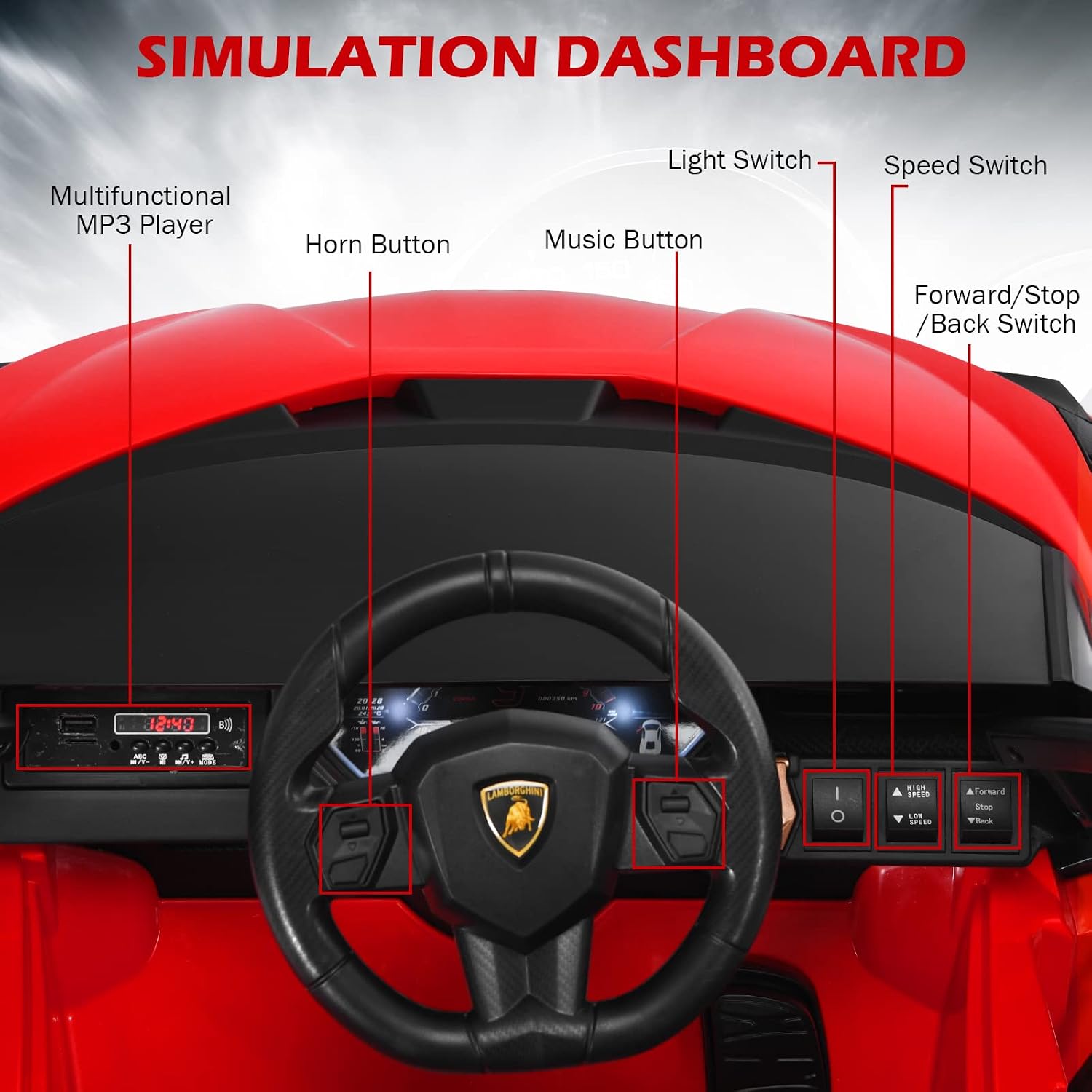 INFANS 12V Licensed Lamborghini Sian Kids Ride On Car with Parent Remote Control, Spring Suspension, MP3 Player, Electric Toy Roadster Carbon Fiber Textured for Toddler (Red)