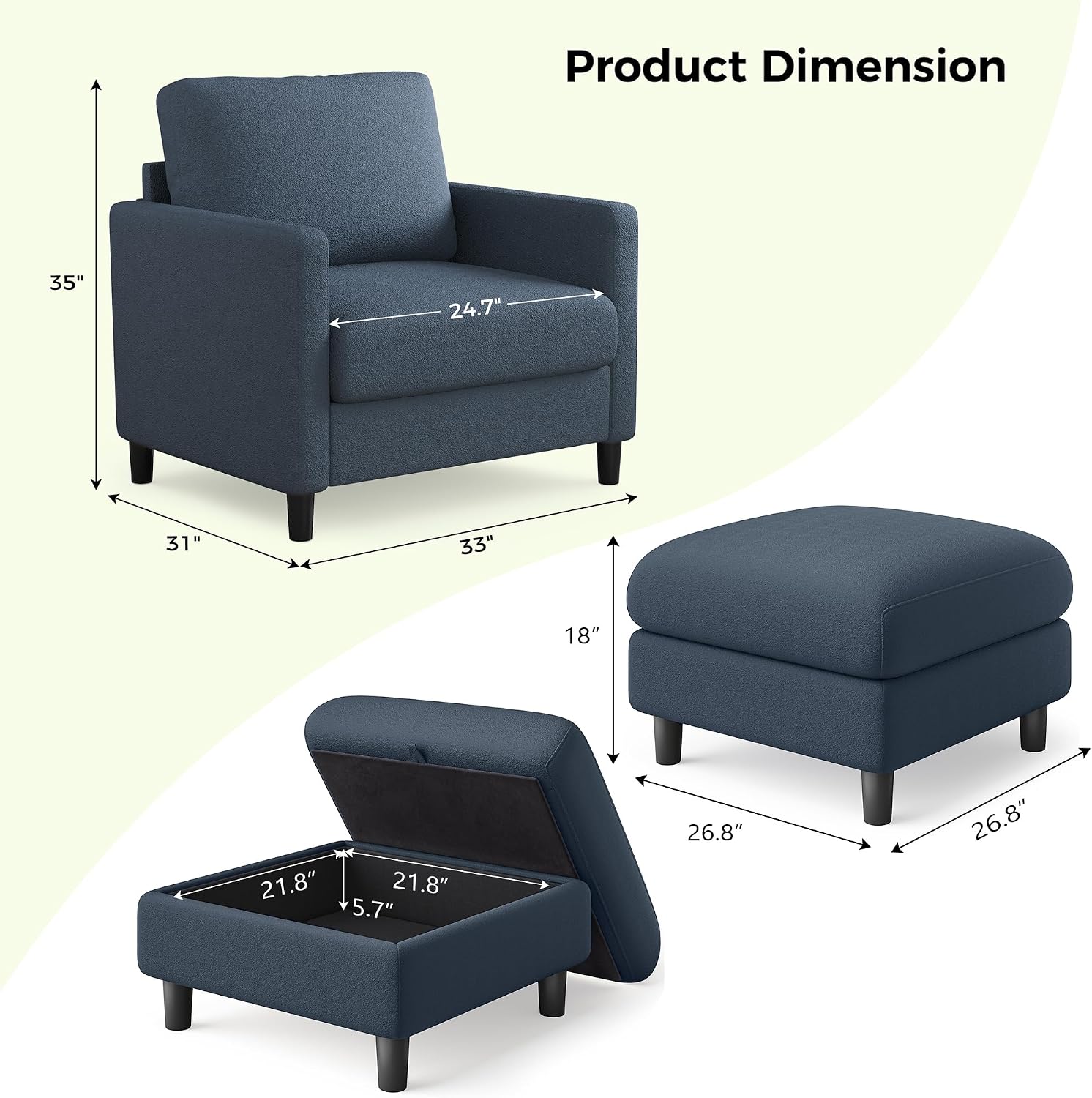 Welzona Sofa Accent Chair with Ottoman, 33' Reading Chair and Ottoman Set for Bedroom, Tool-Free Setup Living Room Accent Chairs, Comfy Arm Chairs Living Room, All-Wood Reading Nook, Blue Grey