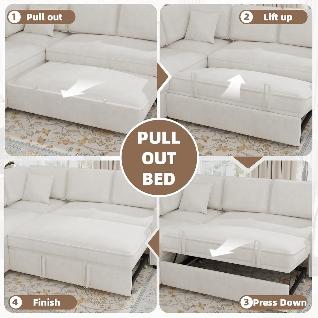 EROMMY 87' Sectional Sofa Couch with Pull Out Bed, 5 Seat L Shaped Pull Out Couch Bed with USB Ports, Velvet Modular Sleeper Sofa Bed with 2 Throw Pillows, Large Sectional Couches for Living Room