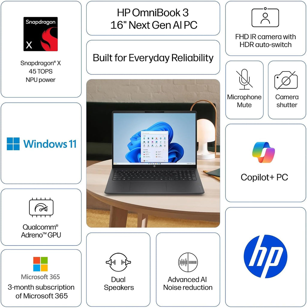 HP OmniBook 3 16' Next Gen AI PC FHD IPS Laptop, 8-Core Snapdragon X X1-26-100 Processor, 16GB DDR5 512GB SSD, Radeon 740M Graphics Copilot Win 11 Computer for Creator Business Gaming w/GM Accessory