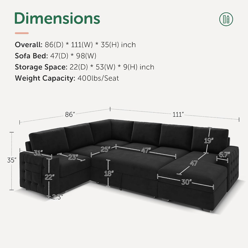 HONBAY Sectional Sleeper Sofa with Pull-Out Bed Storage Chaise, 6 Seater Couch for Living Room, Black