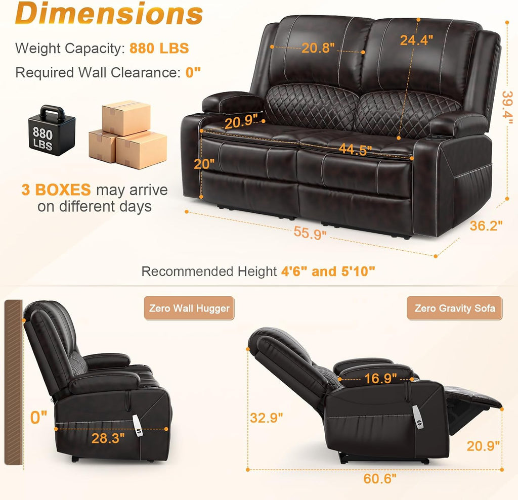 Upgraded Power Loveseat Reclining Couch, Reclining Loveseat Sofa RV Couch with Removable Armrest and Remote Control, Velvet Wall Hugger Home Theater Seating with 2-Tier Cushions, Storage (PU,Brown)