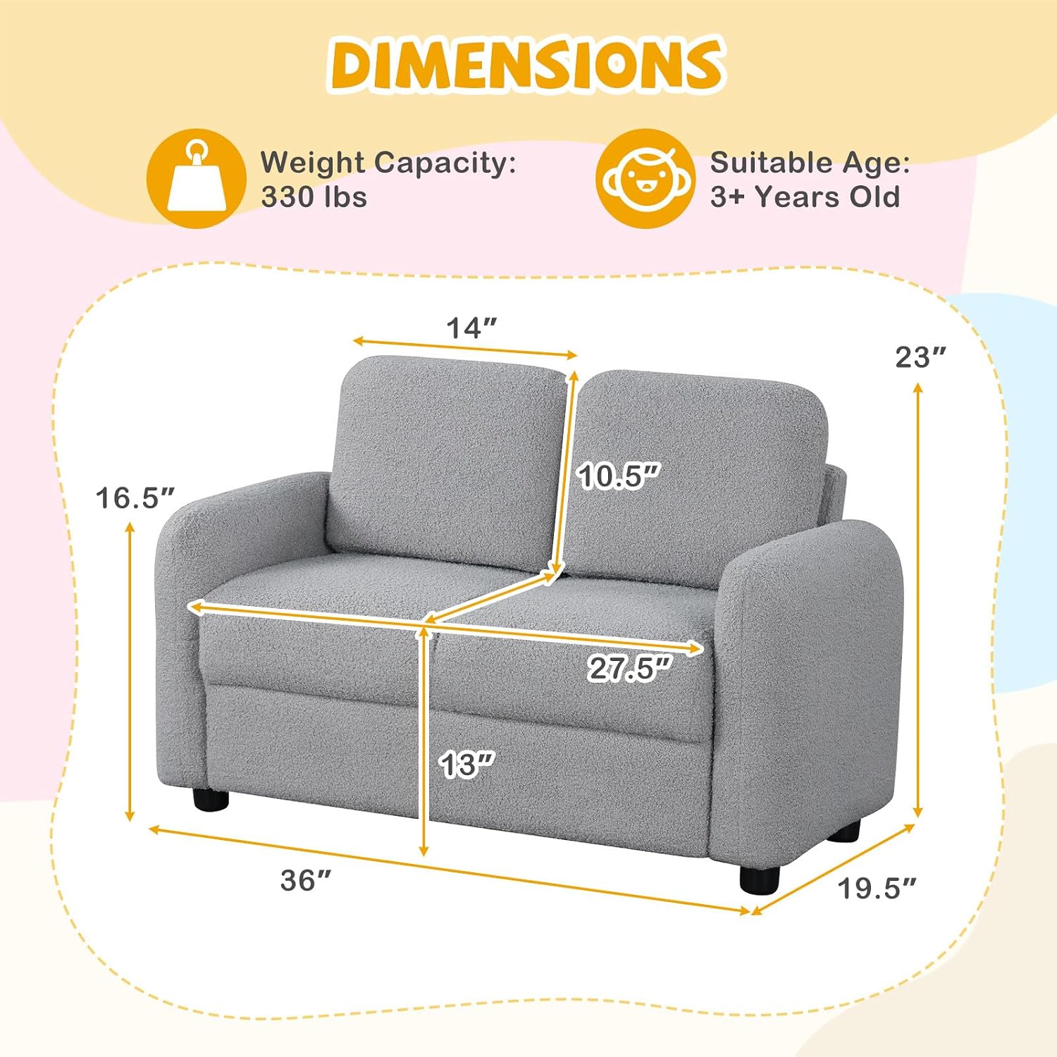 Costzon Kids Couch, 2 Seat Toddler Armrest Chair w/Teddy Fleece Upholstery & Solid Wooden Frame, Double Seat Children's Sofa for Preschool, Bedroom, Playroom, Daycare, Ideal Gift for Girls Boys