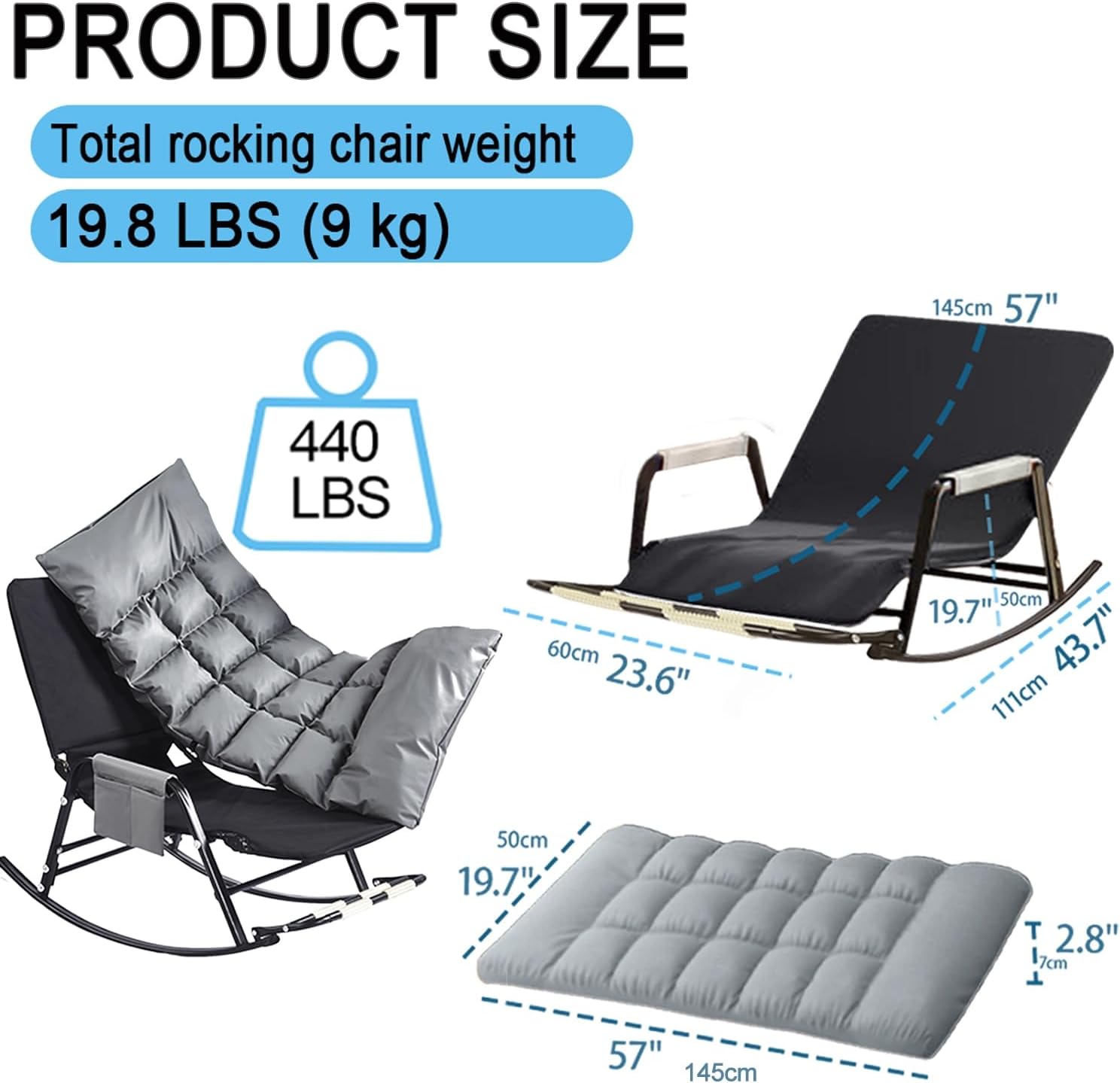 Outdoor Rocking Chair - Foldable Ottoman Glider Chair - 5-Way Adjustable Recliner Chair - Removable Waterproof Cushion ，for Porch,Patio,Garden, BalconyGrey,145 * 60 * 50cm