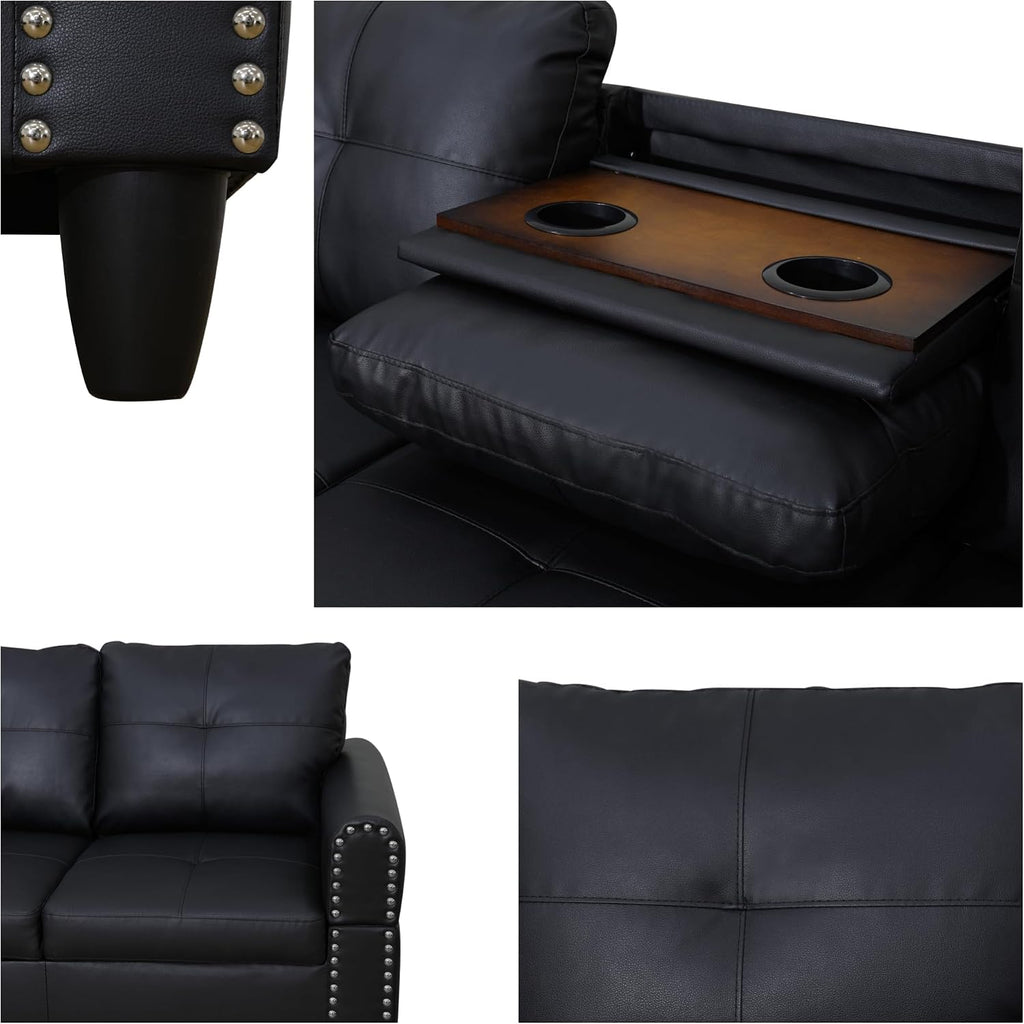 Leather Sectional Sofa with Movable Chaise & Storage Ottoman, 3-Piece Modular Convertible L-Shaped Couches for Living Room, Apartment & Office, Black