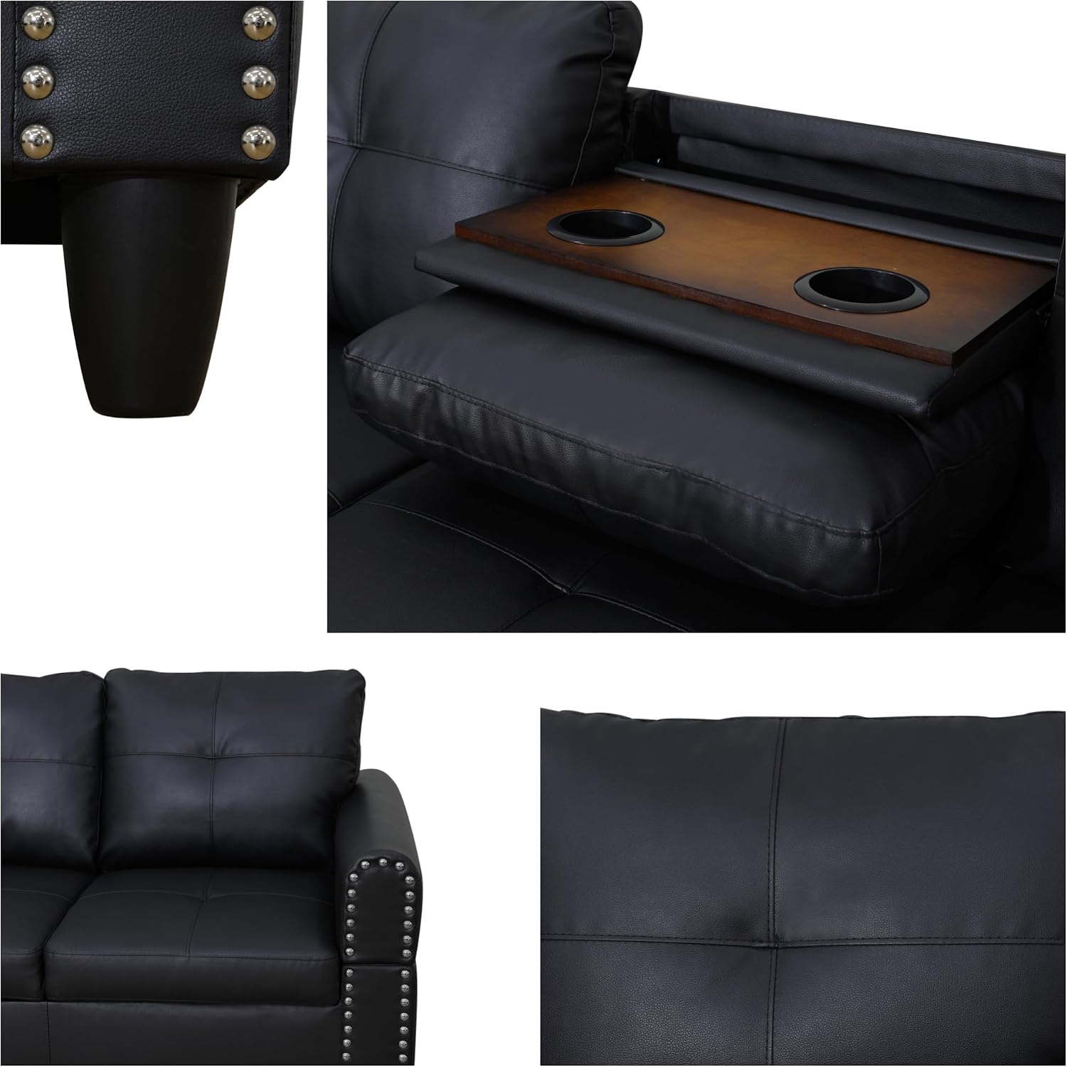 Leather Sectional Sofa with Movable Chaise & Storage Ottoman, 3-Piece Modular Convertible L-Shaped Couches for Living Room, Apartment & Office, Black