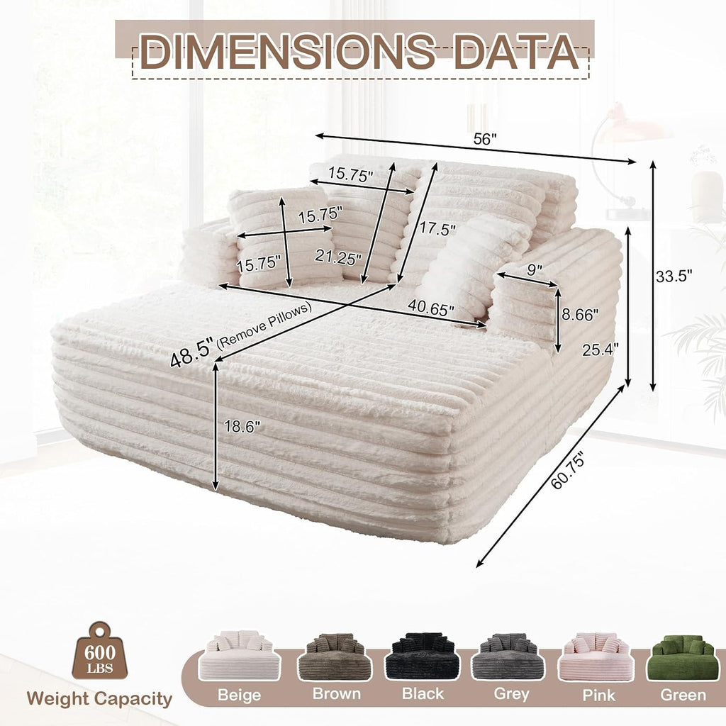 JEEOHEY 56' Oversized Chaise Lounge Chair Indoor,Plush Faux Fur Sleeper Sofa Couch Bed with Pillows&Wide Armrests,Fluffy Comfy Cloud Couch,Compression Foam Couch for Living Room,Bedroom(Beige)