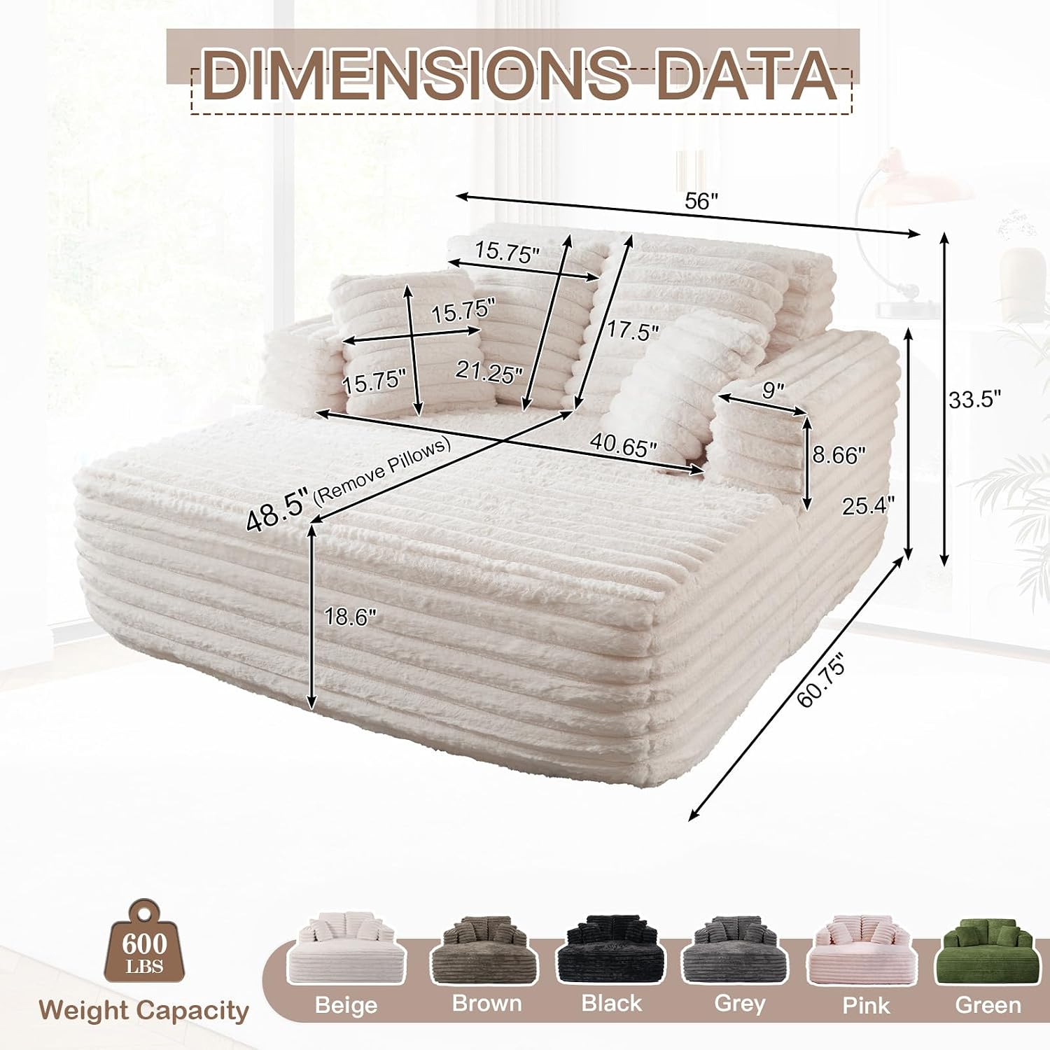 JEEOHEY 56' Oversized Chaise Lounge Chair Indoor,Plush Faux Fur Sleeper Sofa Couch Bed with Pillows&Wide Armrests,Fluffy Comfy Cloud Couch,Compression Foam Couch for Living Room,Bedroom(Beige)