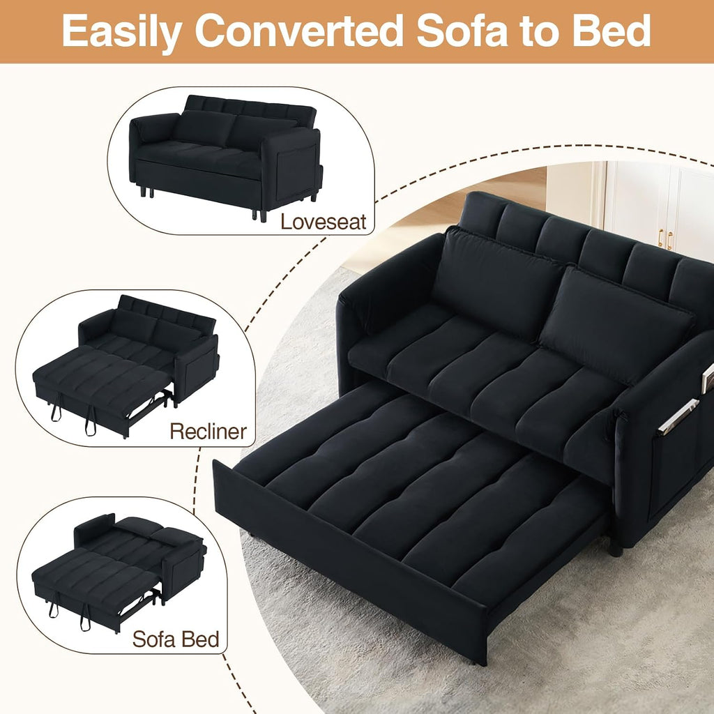 CAPCAEK 3 in 1 Convertible Sleeper Sofa Bed, Modern Velvet Loveseat Pull-Out Couch w/Pullout Bed, Small Love Seat Lounge Sofa w/Reclining Backrest,Toss Pillows, Pockets, for Living Room
