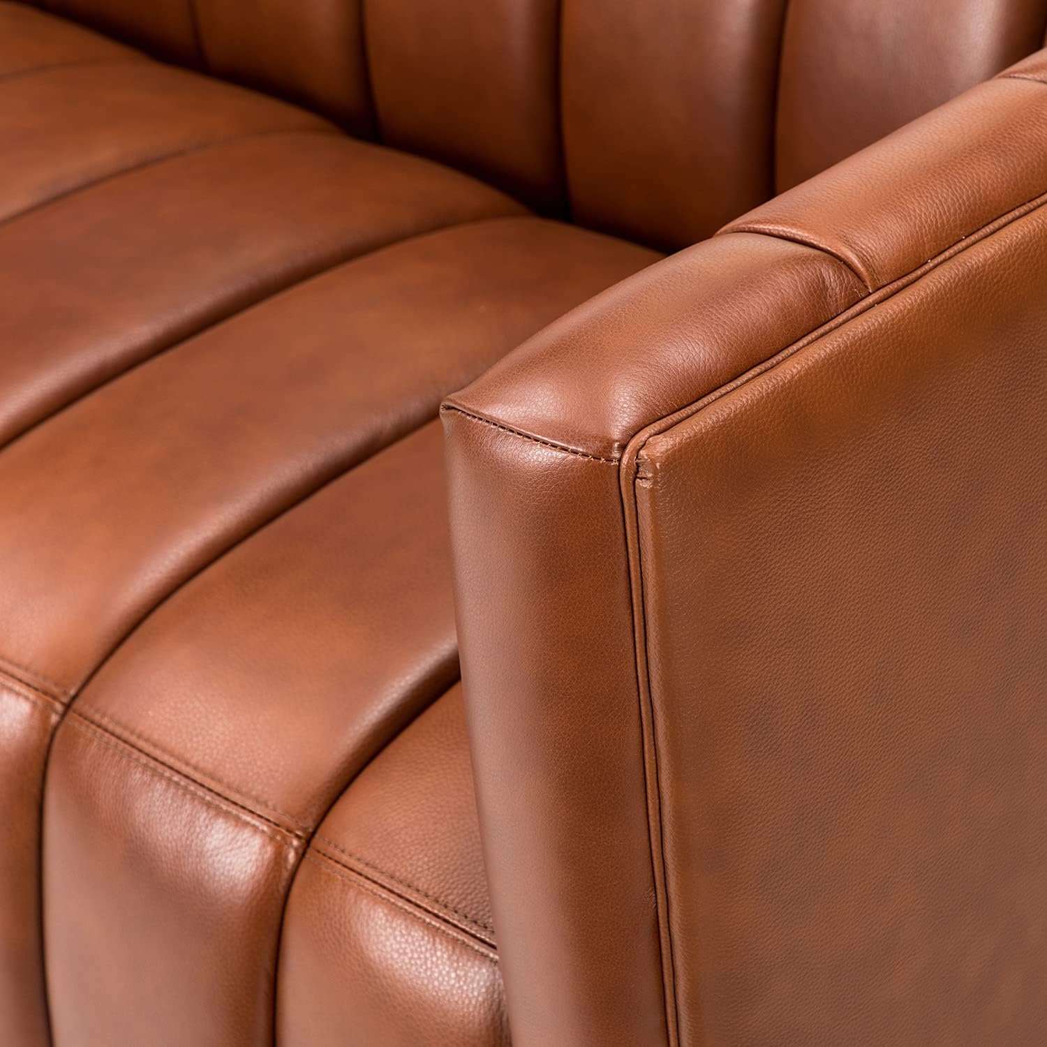 HULALA HOME 83' Genuine Leather Sofa with Channel Tufted Design, 3-Seater Sofa for Living Room Bedroom, Modern Oversized Couch with Wood Legs, Brown