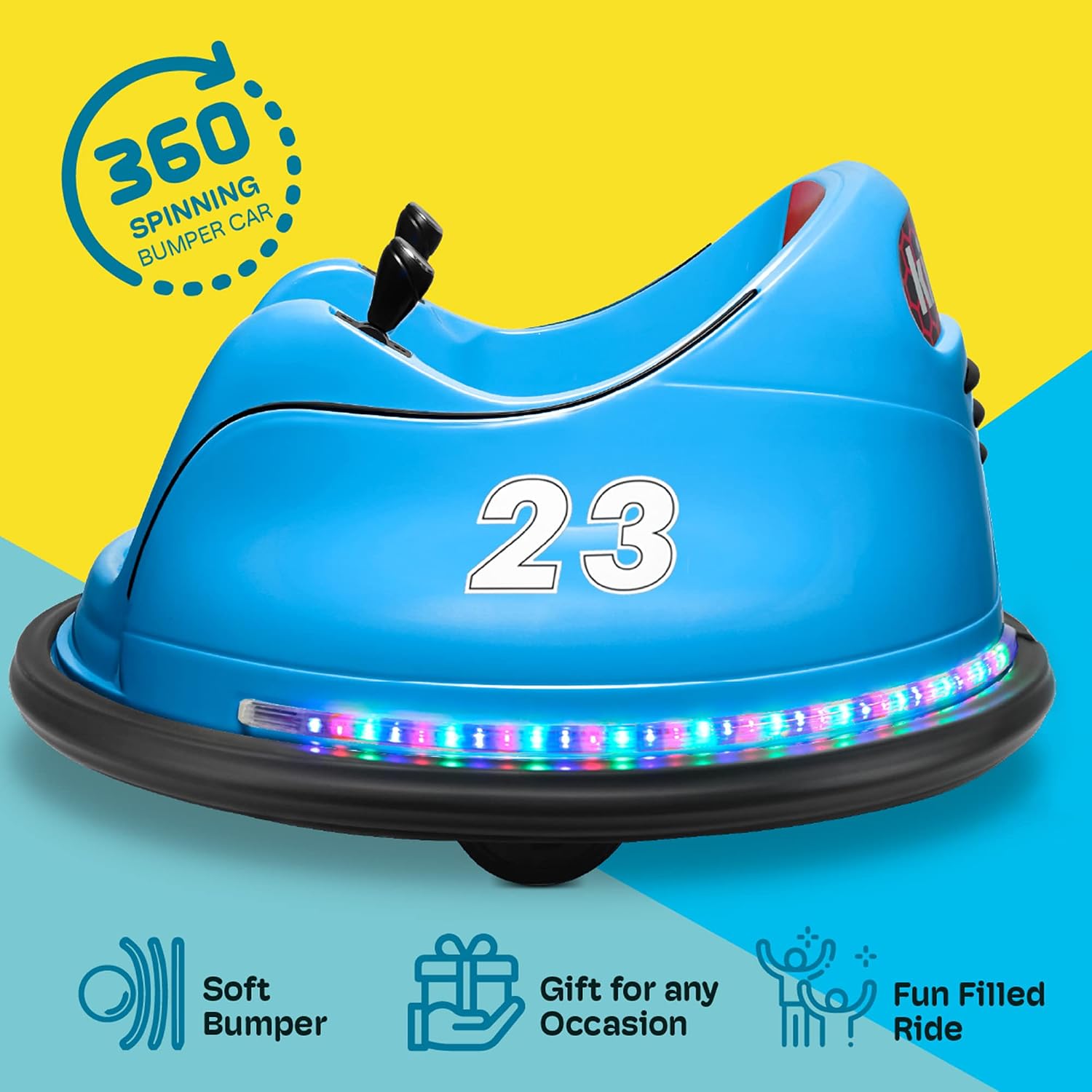 Kidzone 6V Electric Ride On Bumper Car for Kids & Toddlers 1.5-6 Years Old, DIY Sticker Baby Bumping Toy Gifts W/Remote Control, LED Lights & 360 Degree Spin, ASTM Certified, Blue