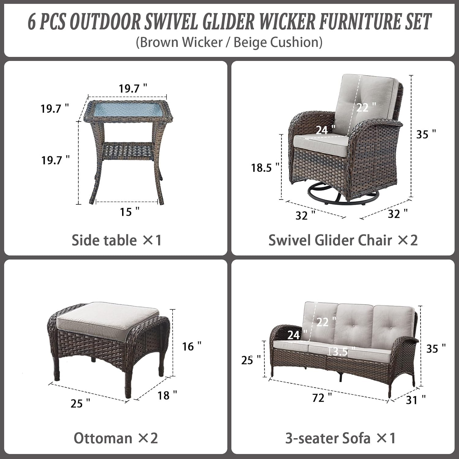 Belord 6 Piece Patio Conversation Sets - Wicker Patio Furniture Sets with Outdoor Swivel Rocker Chairs Outdoor Couch Perfect for Deck Patio Backyard, Brown Wicker Beige Cushion