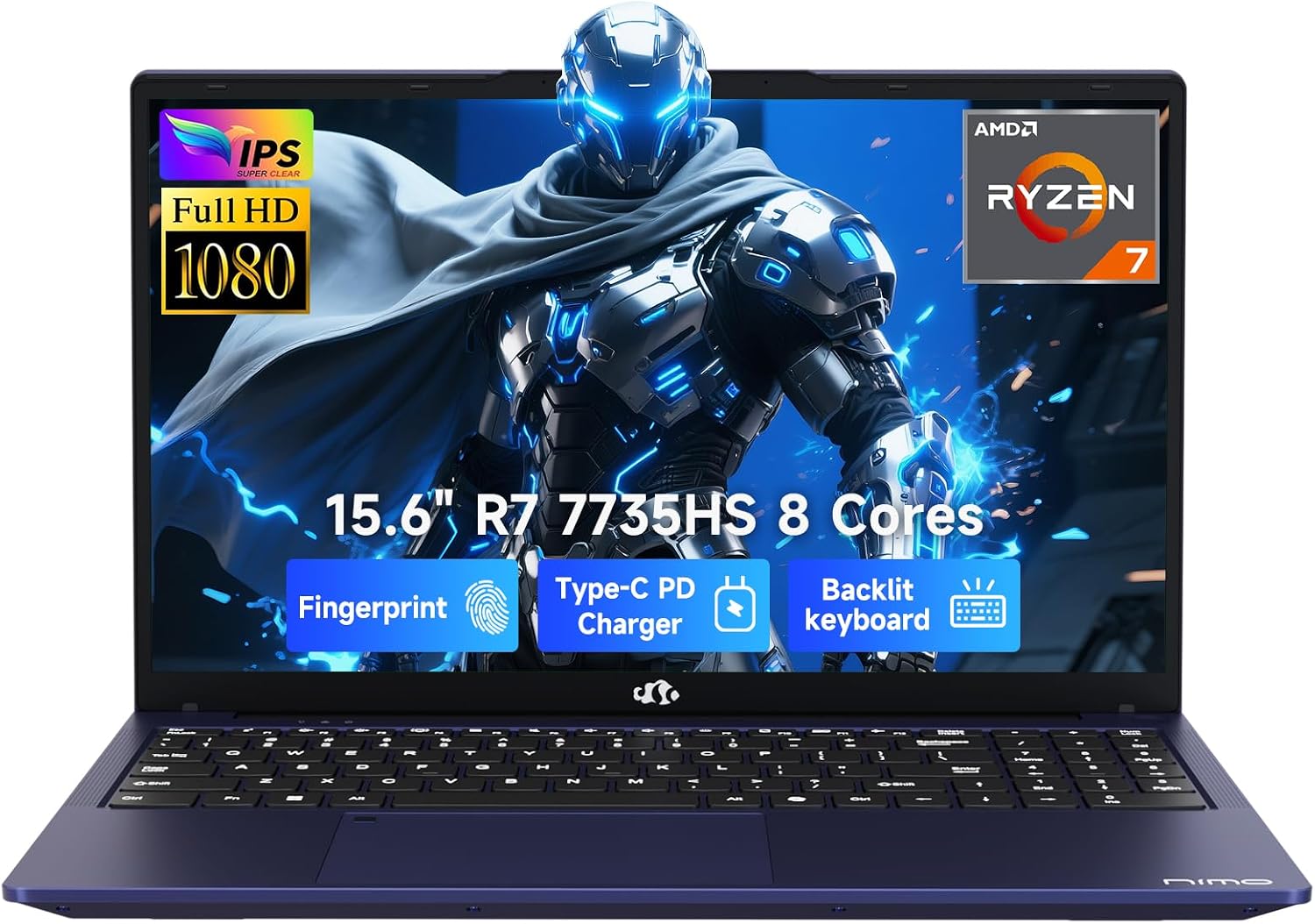 NIMO 15.6' IPS FHD-Gaming-Laptop, AMD 8 Cores Ryzen 7 7735HS 16GB DDR5 RAM 512GB SSD (Beats i7-12650H) Computer with Radeon 680M 100W Type-C Charger Backlit Keyboard Fingerprint, for Gaming Business