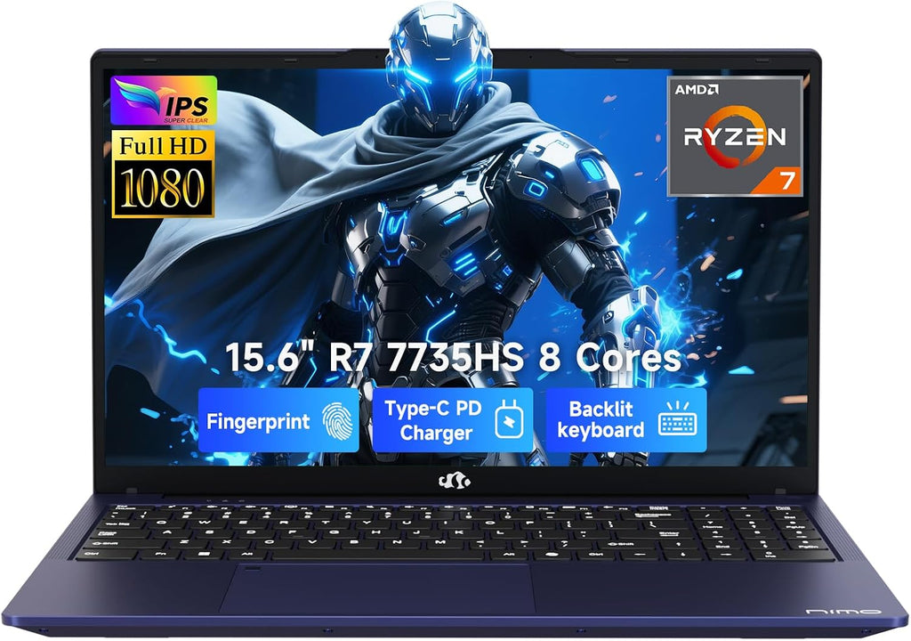 NIMO 15.6' IPS FHD-Gaming-Laptop, AMD 8 Cores Ryzen 7 7735HS 16GB DDR5 RAM 512GB SSD (Beats i7-12650H) Computer with Radeon 680M 100W Type-C Charger Backlit Keyboard Fingerprint, for Gaming Business