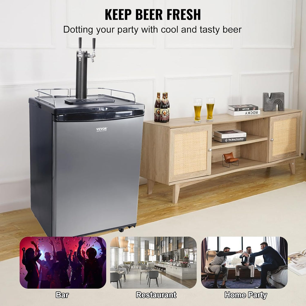 VEVOR Beer Kegerator, Dual Tap Commercial Draft Beer Dispenser for D system, Full Size Keg Refrigerator with 5lbs CO2 Tank, Hold 2 Sixth / 3 Ball lock keg, Silver