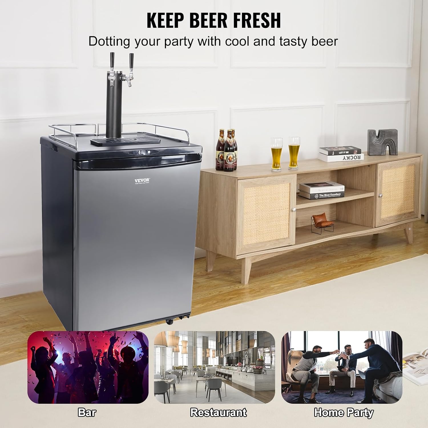 VEVOR Beer Kegerator, Dual Tap Commercial Draft Beer Dispenser for D system, Full Size Keg Refrigerator with 5lbs CO2 Tank, Hold 2 Sixth / 3 Ball lock keg, Silver