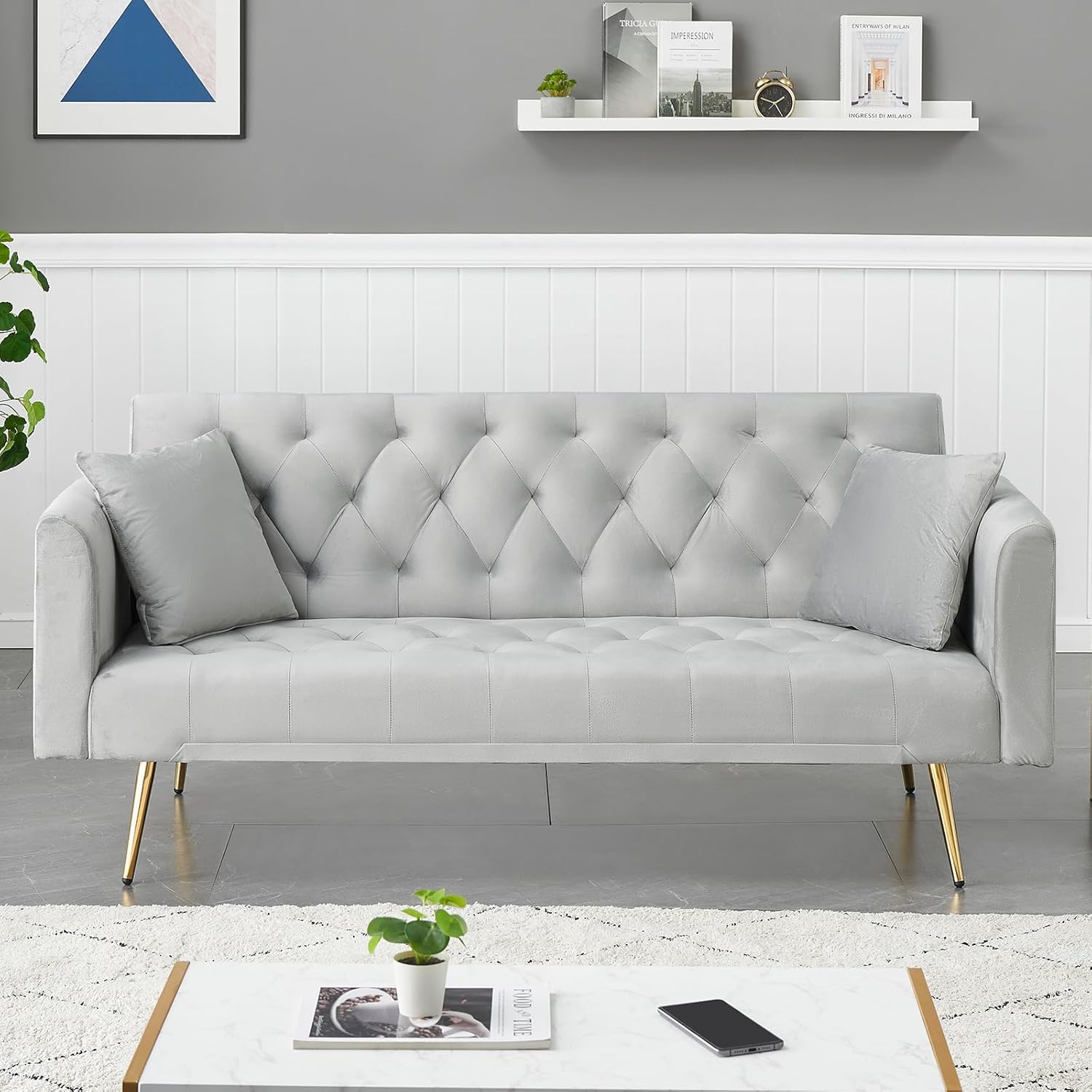 71' Modern Velvet Sofa Bed Futon, Convertible Sleeper Couch with Adjustable Backrest, Tufted Recliner Loveseat with Golden Chrome Legs & 2 Pillows for Small Spaces, Living Room, Apartment (Gray)