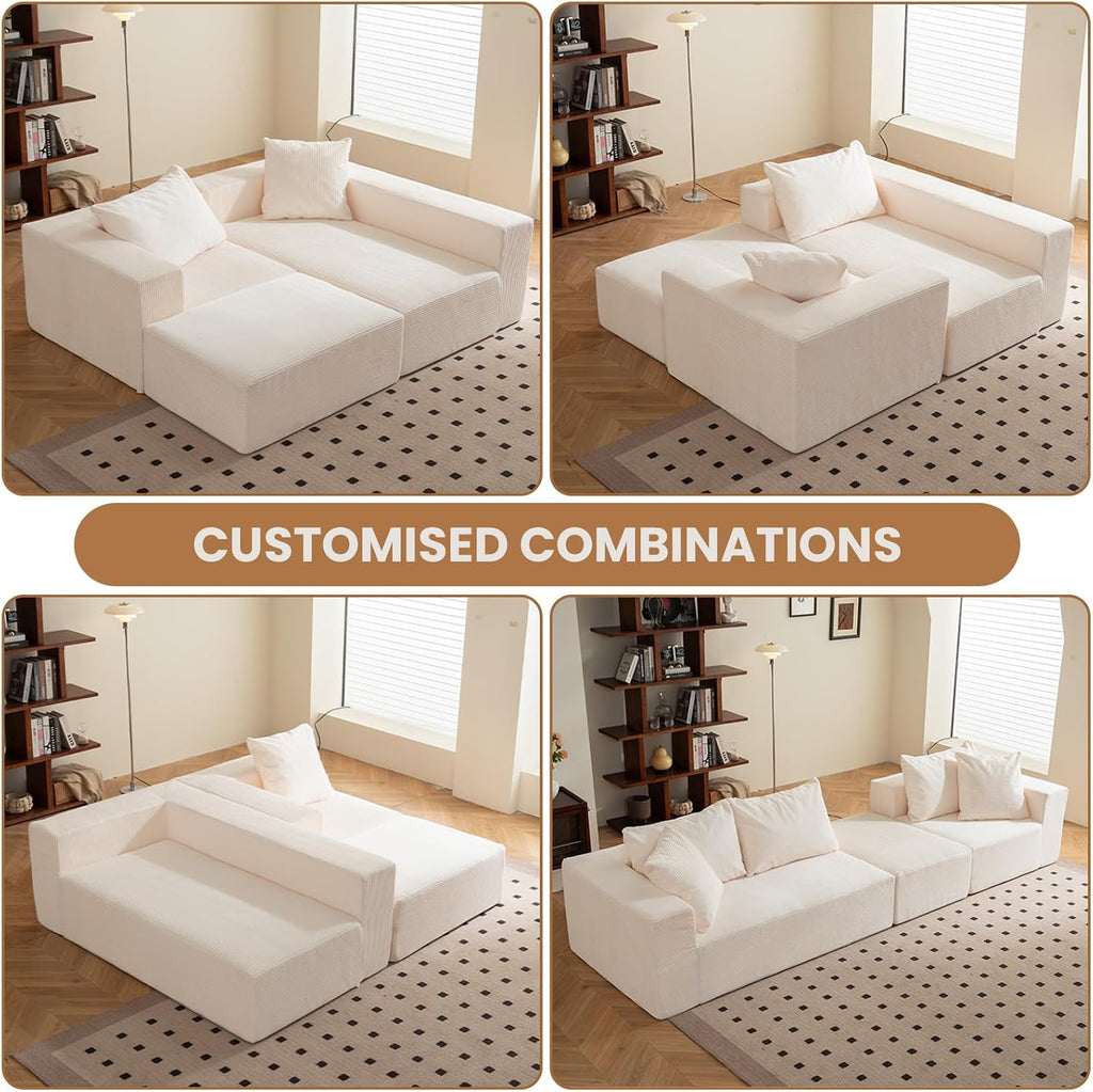 108' L-Shaped Boneless Couch, Modular Sectional Sofa with Moveable Ottoman, Corduroy Cloud Couches for Living Room, No Assembly, Ship in a Box, Beige