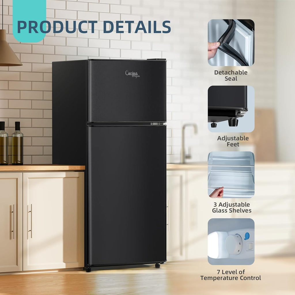 Cucina Magica Mini Fridge with Freezer, 3.8 Cu.Ft Small Fridge, Energy Saving, Low Noise,7 Adjustable Thermostat, Double Door Small Refrigerator for Dorm, Bedroom, Office