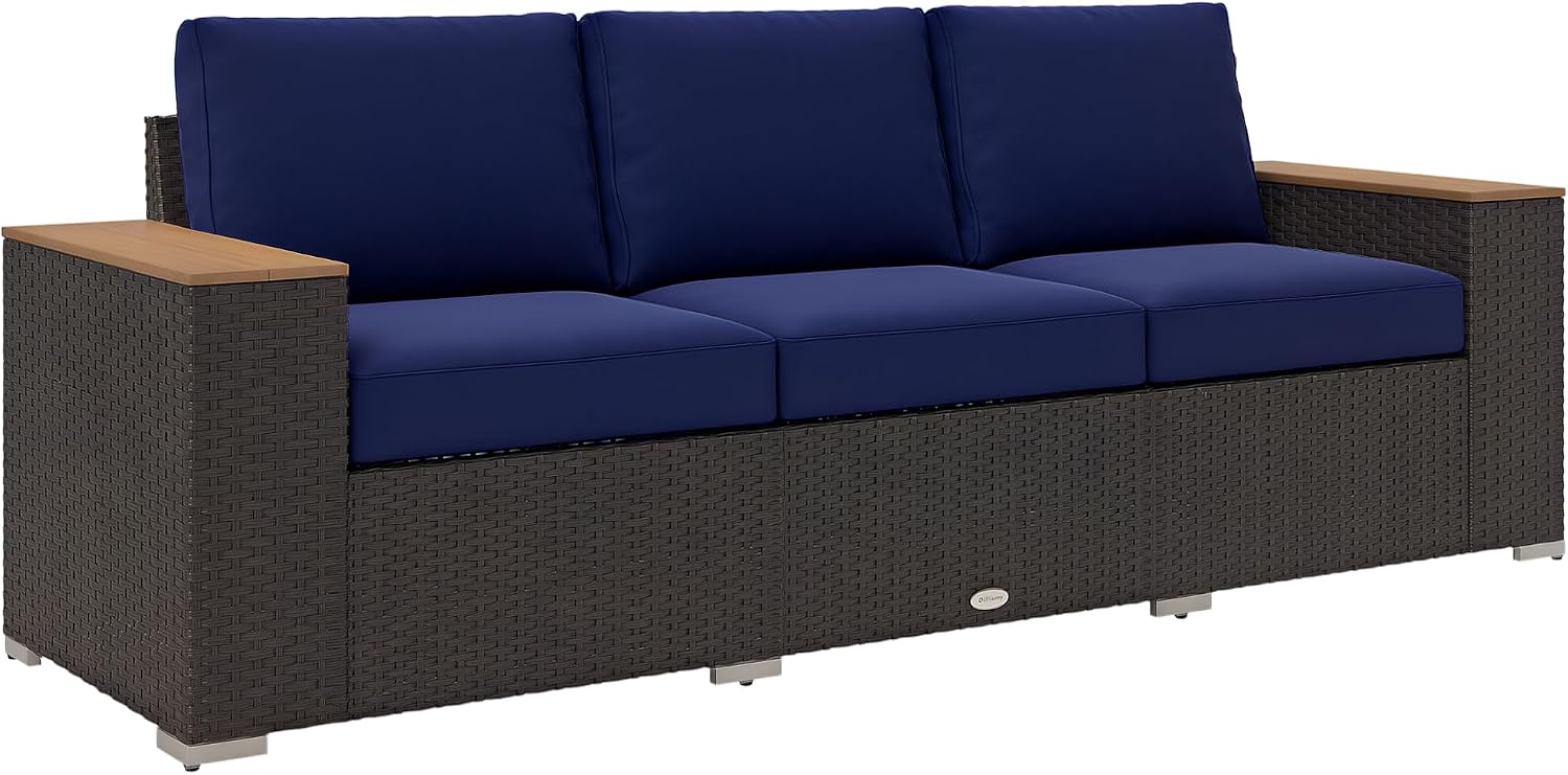 Outsunny 3-Seat Outdoor Patio Sofa with 24.5' Extra Wide Deep Seats, PE Wicker Sofa with Wide Wood Effect Armrests and 4' Cushions, Rattan Outdoor Couch for Porch, Garden, Poolside, Navy Blue