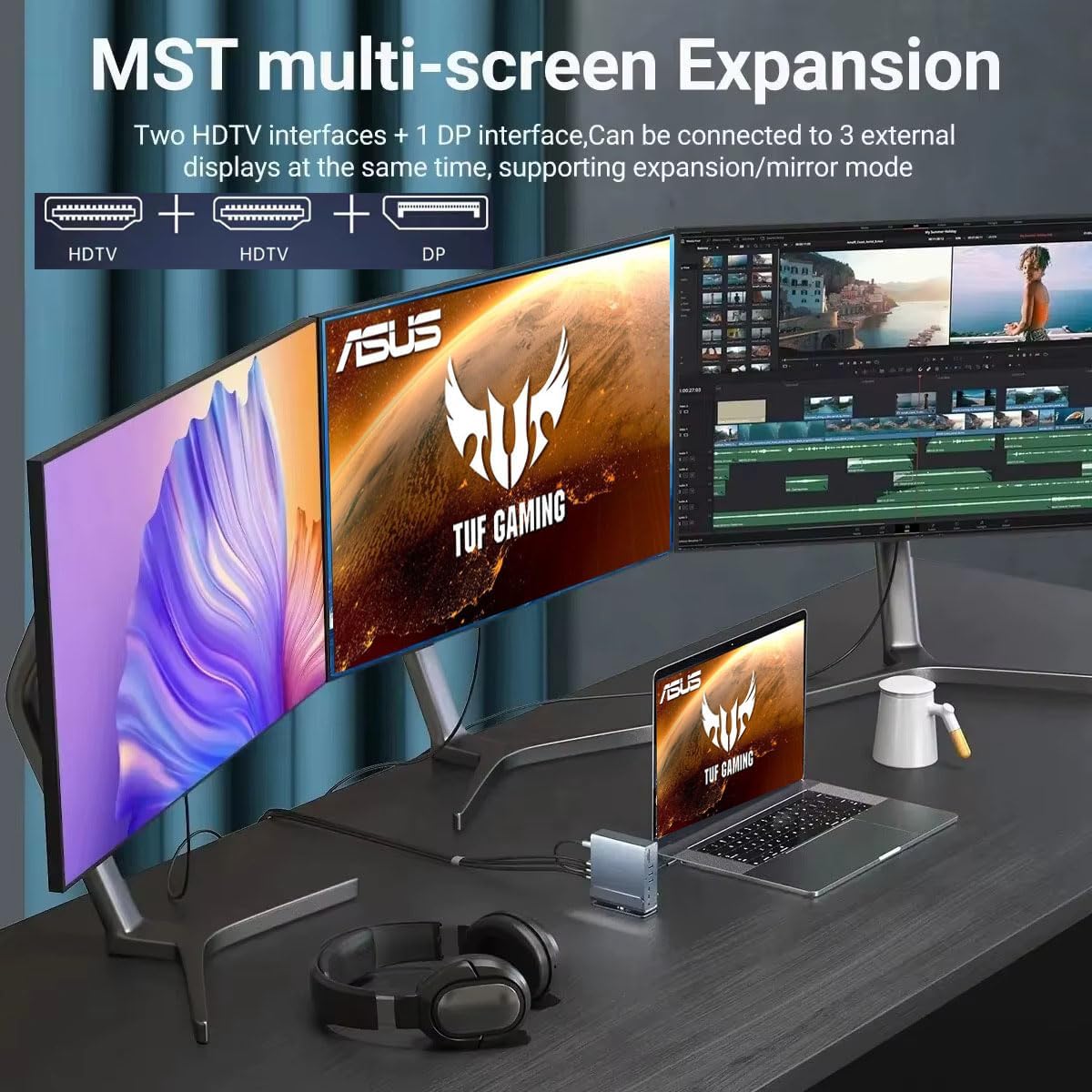 Docking Station for Asus TUF Gaming A17 A18 A15 A16 A14 F15 F17 Dash 15 F15 Gaming Laptop,15-in-1 USB C with 360 ° Rotating Base, 2 * 4K HDMI and 1*DP, 10Gbps USB Port Transfer, RJ45, Audio, SD/TF