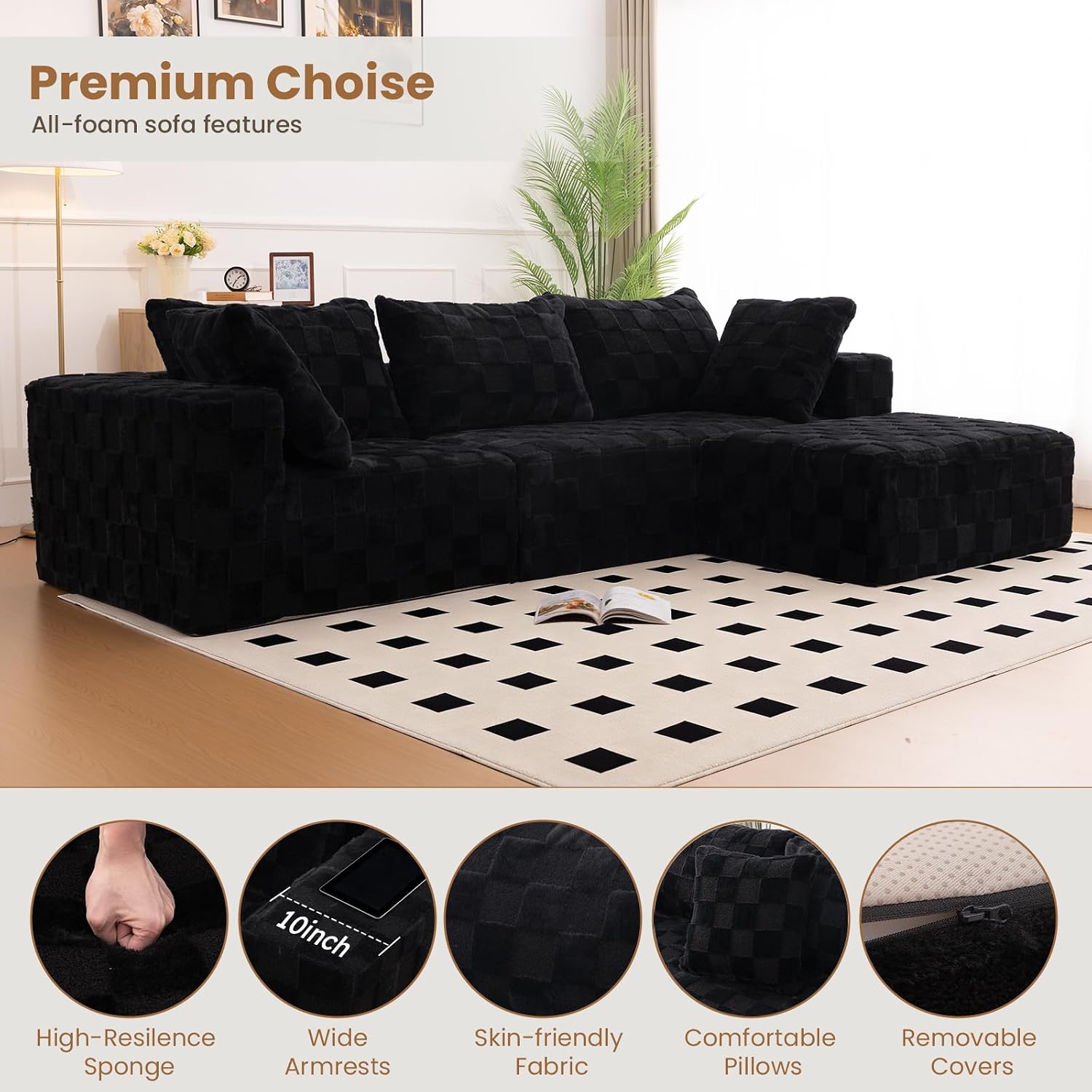 Modular Sectional Sofa, 108' L-Shaped Boneless Couch with Deep Seat, Corduroy Cloud Couch for Living Room, Bedroom, No Assembly Required, Ship in a Box, Checkered Black
