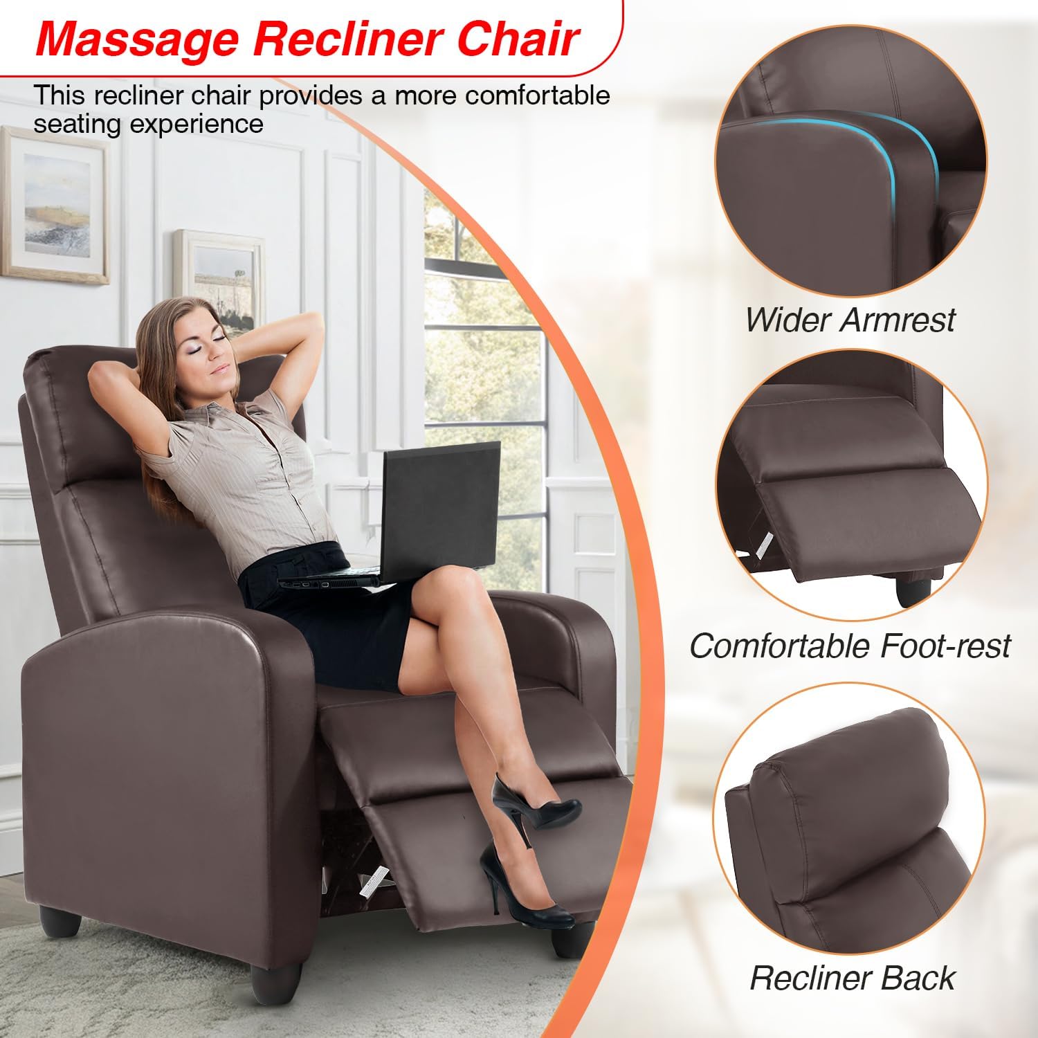 FDW Recliner Chair Massage Chair Reading Chair Reclining Sofa Home Theater Seating with Lumbar Support Massage and Padded Backrest for Living Room and Bedroom (Leather, Brown)
