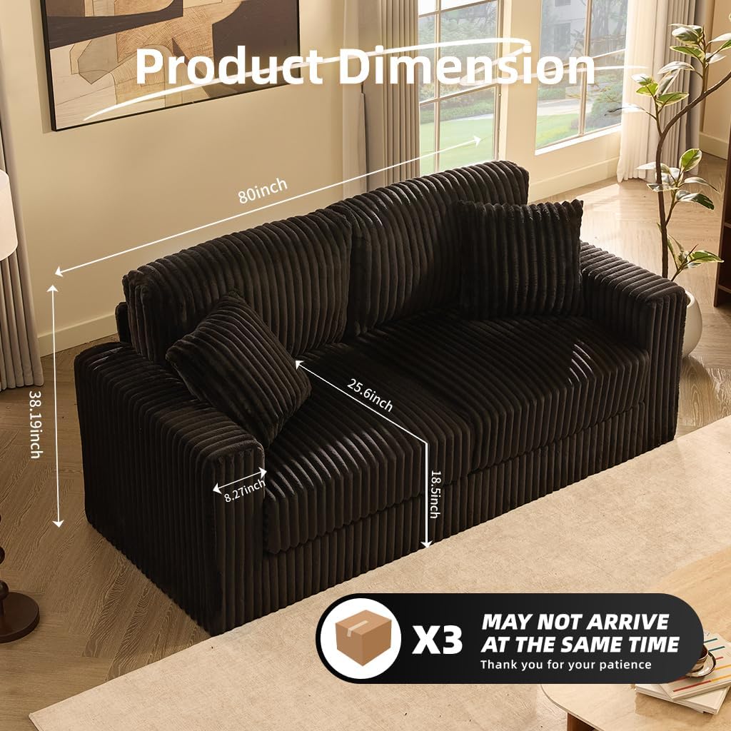 Cloud Couch Queen Sofa 80' 2-Seater Sofa(Not Boneless), Set of Modern Corduroy Loveseat with Deep Seats, High Backrest & Pocket Spring Cushions, Comfy Upholstered Couch for Living Room, Black