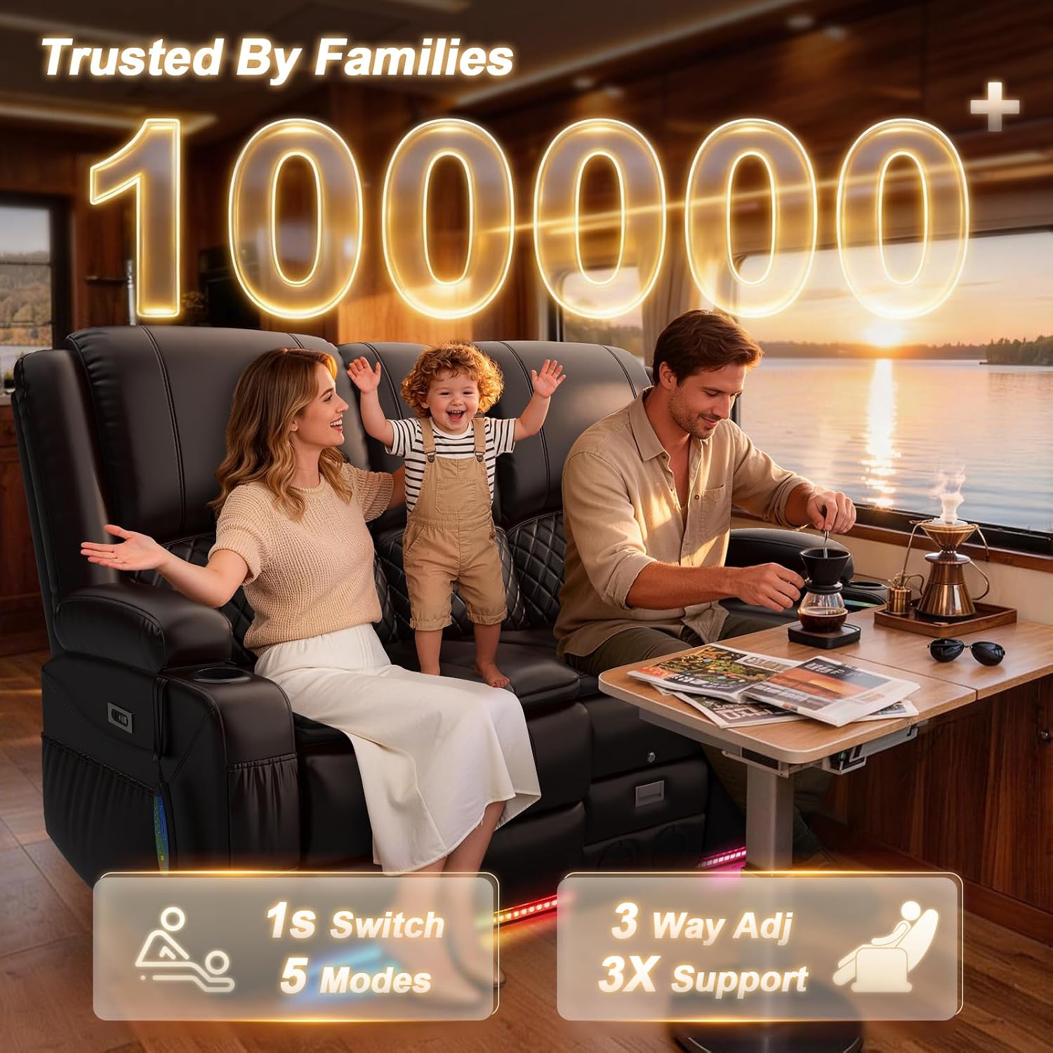 Power Recliner Loveseat Recliner with Massage and Lumbar Heating, Home Theater Reclining Loveseat with Flip Console, RV Couch Wall Hugger with 2 Speakers, Storage, USB, Outlet & LED (PU, Brown)