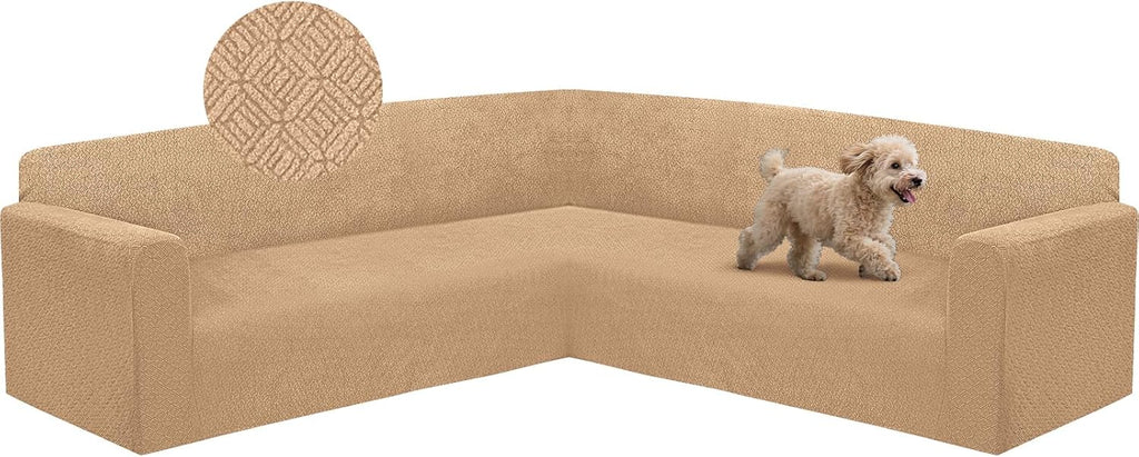 HDCAXKJ Sectional Couch Cover L Shape Stretch Sofa Covers Washable Jacquard Corner Couch Slipcover Non Slip Sectional Slip Cover U Shaped Furniture Protector for Pets Dogs (Apricot, X-Large)