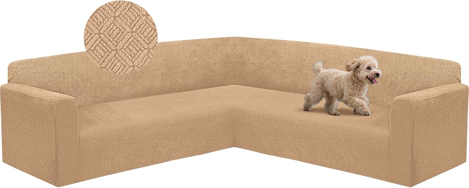HDCAXKJ Sectional Couch Cover L Shape Stretch Sofa Covers Washable Jacquard Corner Couch Slipcover Non Slip Sectional Slip Cover U Shaped Furniture Protector for Pets Dogs (Apricot, X-Large)