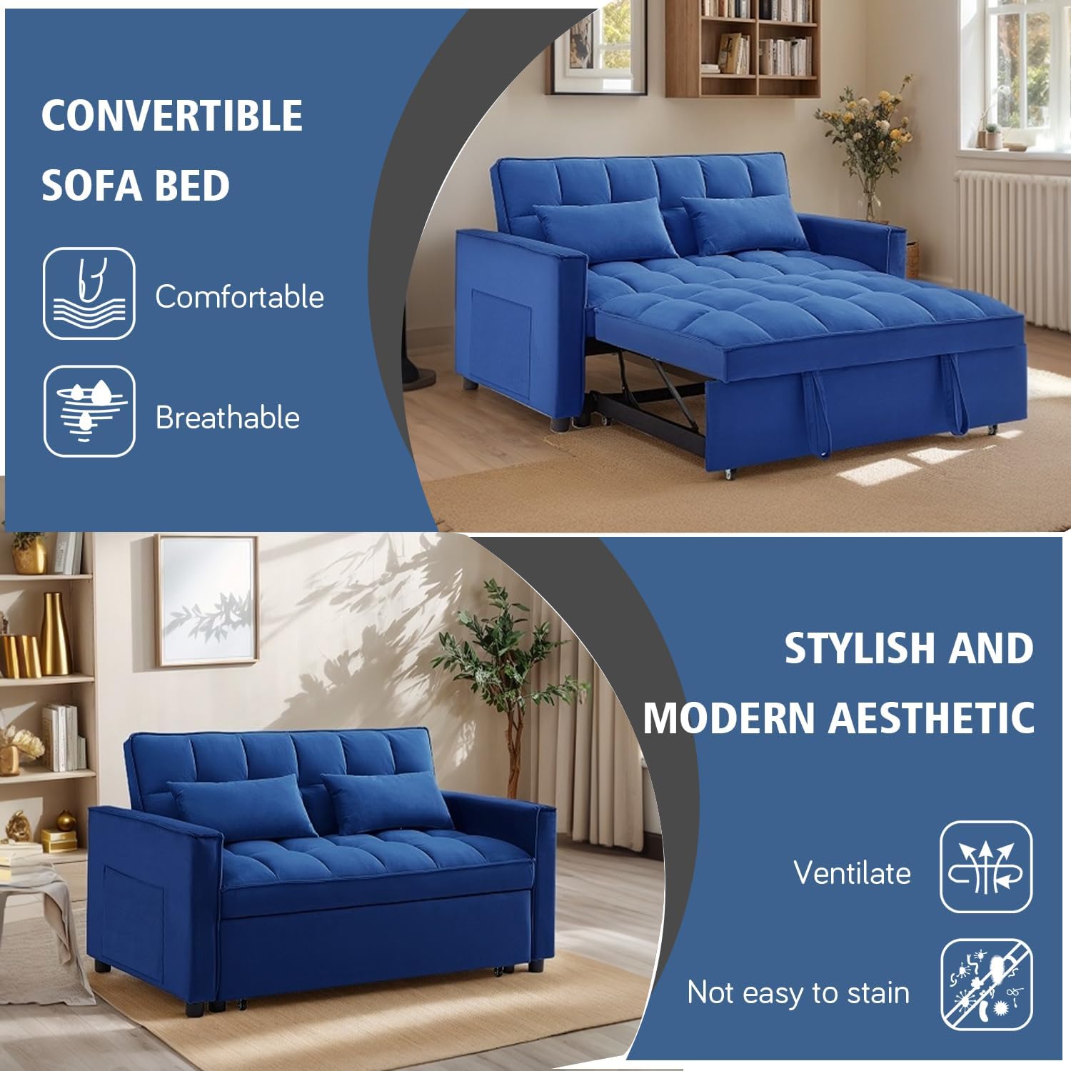 3 in 1 Convertible Sleeper Sofa Bed, 54'' Full Size Velvet Pull Out Futon Couch Recliner with Reclining Backrest & 2 Pillows, Small Loveseat Lounge Couches for Small Spaces (Dark Blue)