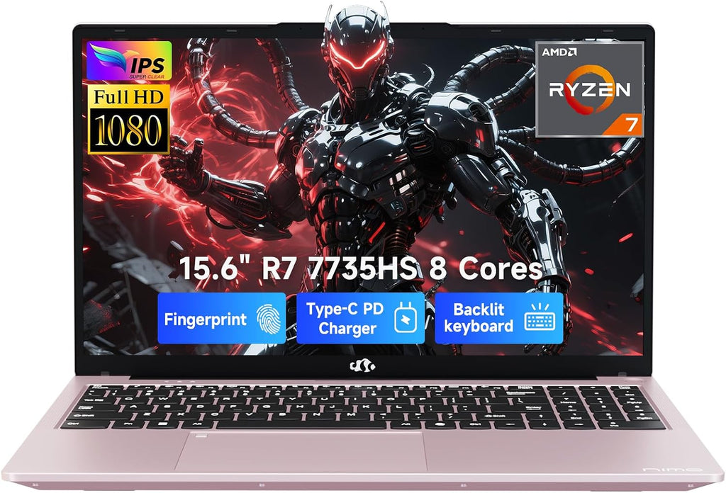NIMO 15.6' Light-Gaming Laptop, 16GB DDR5 RAM 1TB SSD 8-Core AMD R7 7735HS (Beat i7-12650H, Up to 4.75GHz), FHD IPS Computer with Radeon 680M GPU Backlit KB Fingerprint 100W Type-C