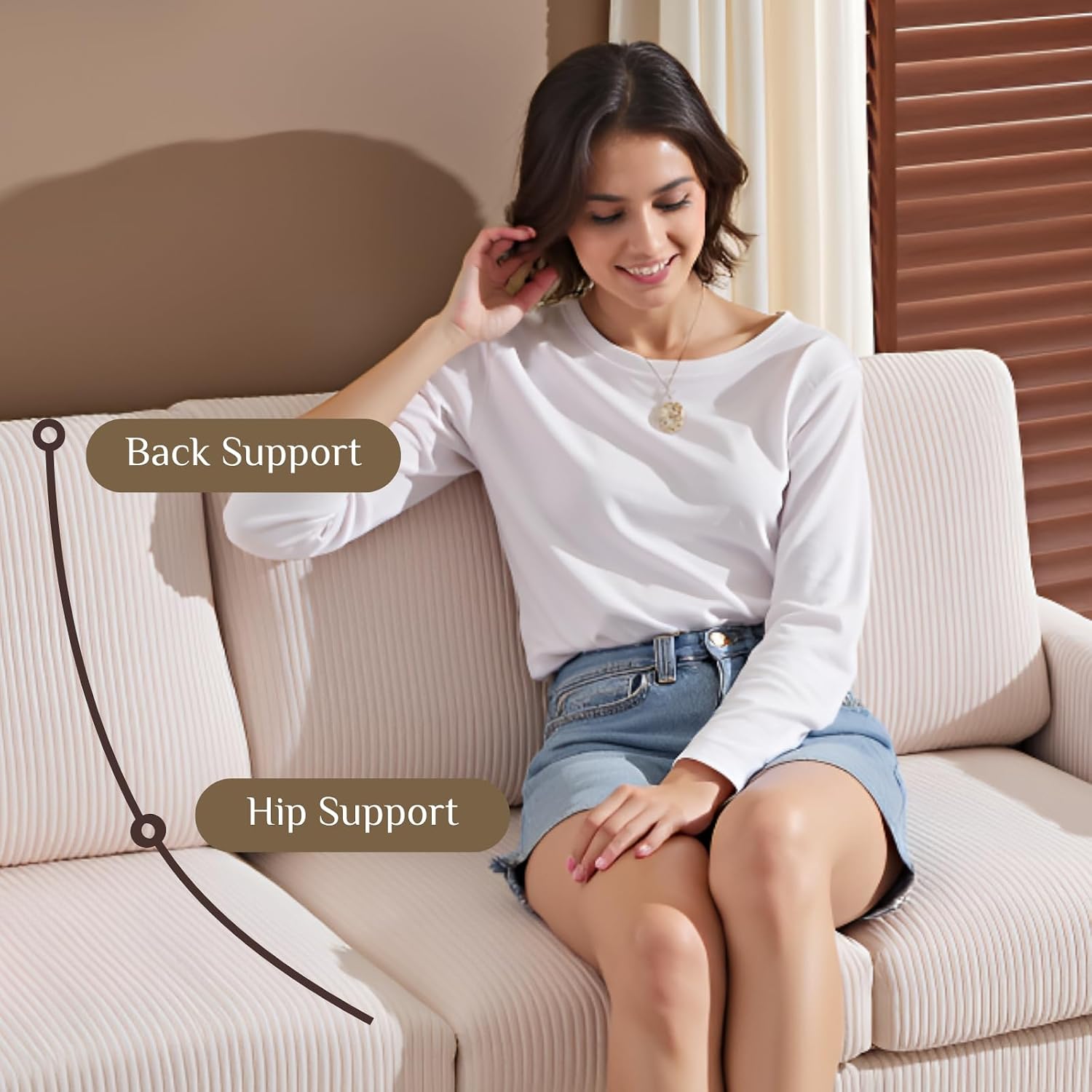 Karl home Small Sectional Couch L Shaped Sofa with Movable Storage Ottoman Corduroy Upholostered Sofa Chaise with Side Pockets for Living Room, Apartment, Studio, Beige