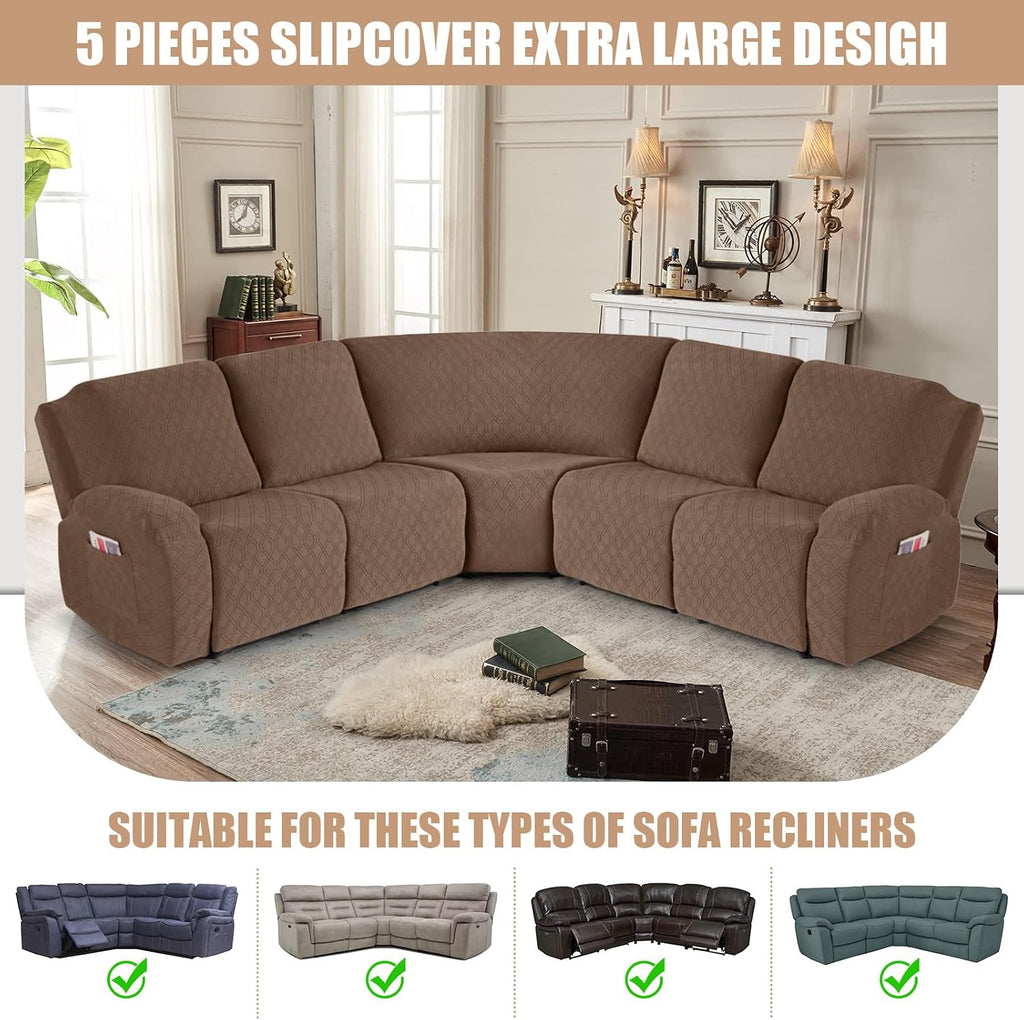 VANSOFY Extra Large Reclining Sectional Couch Covers, Washable 5-Piece Sofa Covers for L Shape Sectional Sofa Corner Seater, Thick, Soft Sofa Slipcovers (5 Seat Recliner Cover, Light Coffee)