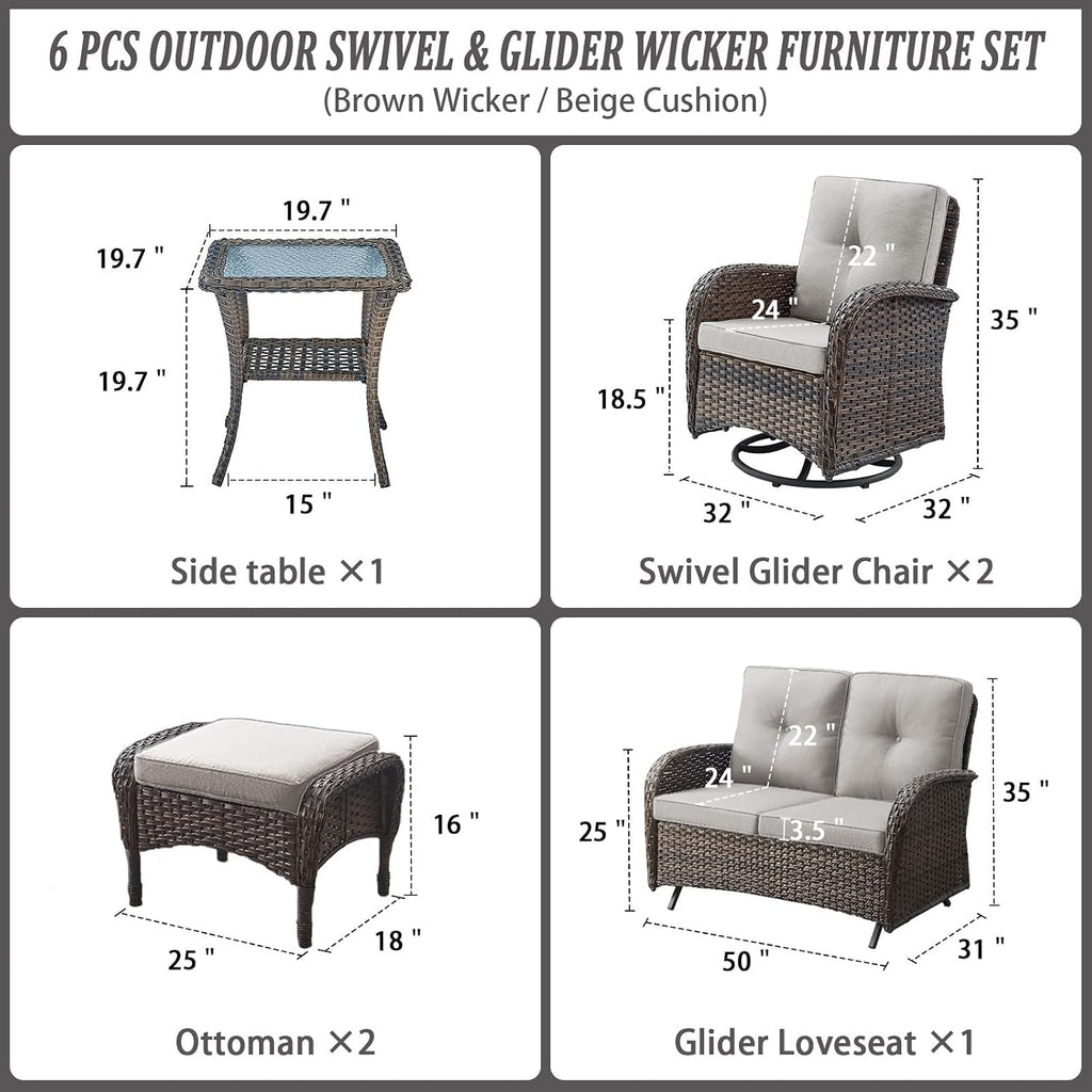 Belord 6 Pieces Wicker Patio Conversation Sets with Outdoor Swivel Rocker Chairs and Loveseat Glider Chair, All-Weather Rattan Furniture Set for Deck Patio Backyard Sunroom Brown