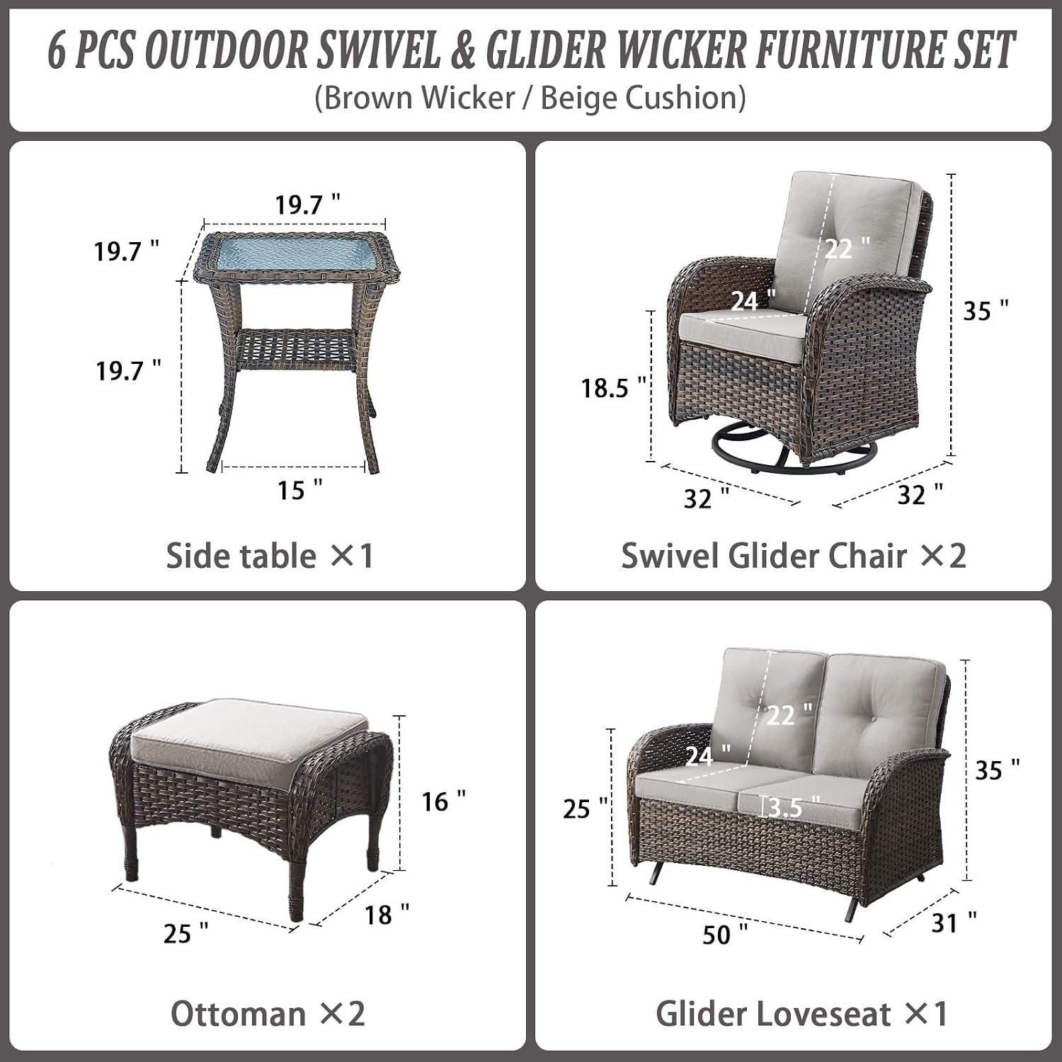 Belord 6 Pieces Wicker Patio Conversation Sets with Outdoor Swivel Rocker Chairs and Loveseat Glider Chair, All-Weather Rattan Furniture Set for Deck Patio Backyard Sunroom Brown