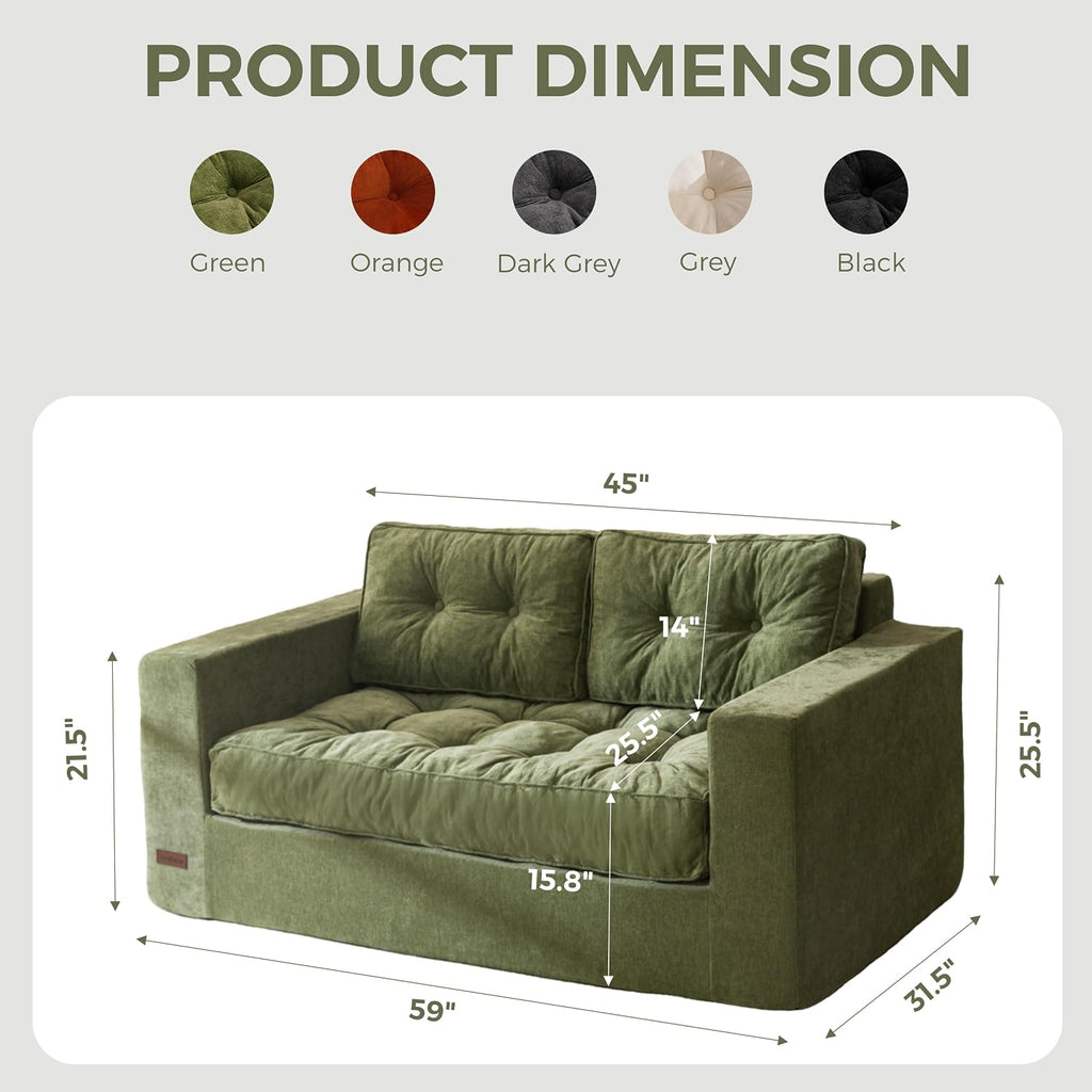 MAXYOYO Boneless Sofa Couch, Loveseat Sofa for Small Space, Tufted 2-Seater Floor Couch Bean Bag Chair for Living Room Bedroom Apartment, Sofa in a Box, No Assembly Needed, Green