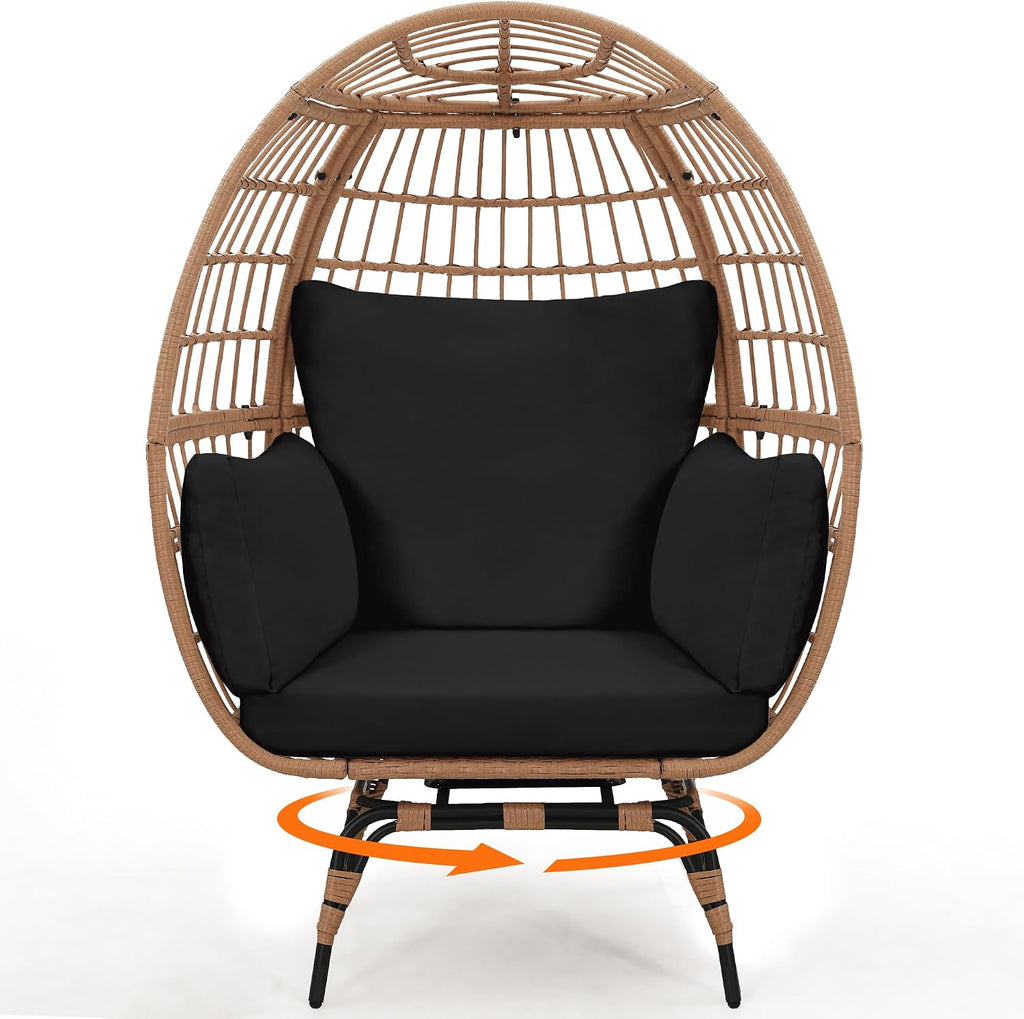 Murago Oversized 360° Swivel Rattan Egg Chair for Adult, Indoor Outdoor Patio Large Wicker Egg Chair with Overstuffed Cushions, 440lb Weight Capacity, Natural Rattan with Black Cushion