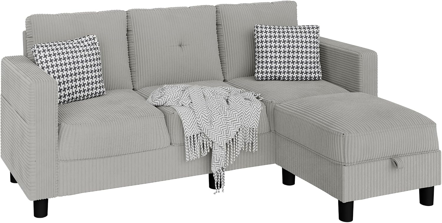 Convertible Sectional Sofa with Storage Ottoman, 77' L-Shaped 3-Seat Couch with Skin-Friendly Corduroy Fabric, Reversible Small Sectional for Small Space, Apartment, Living Room and Office (Grey)